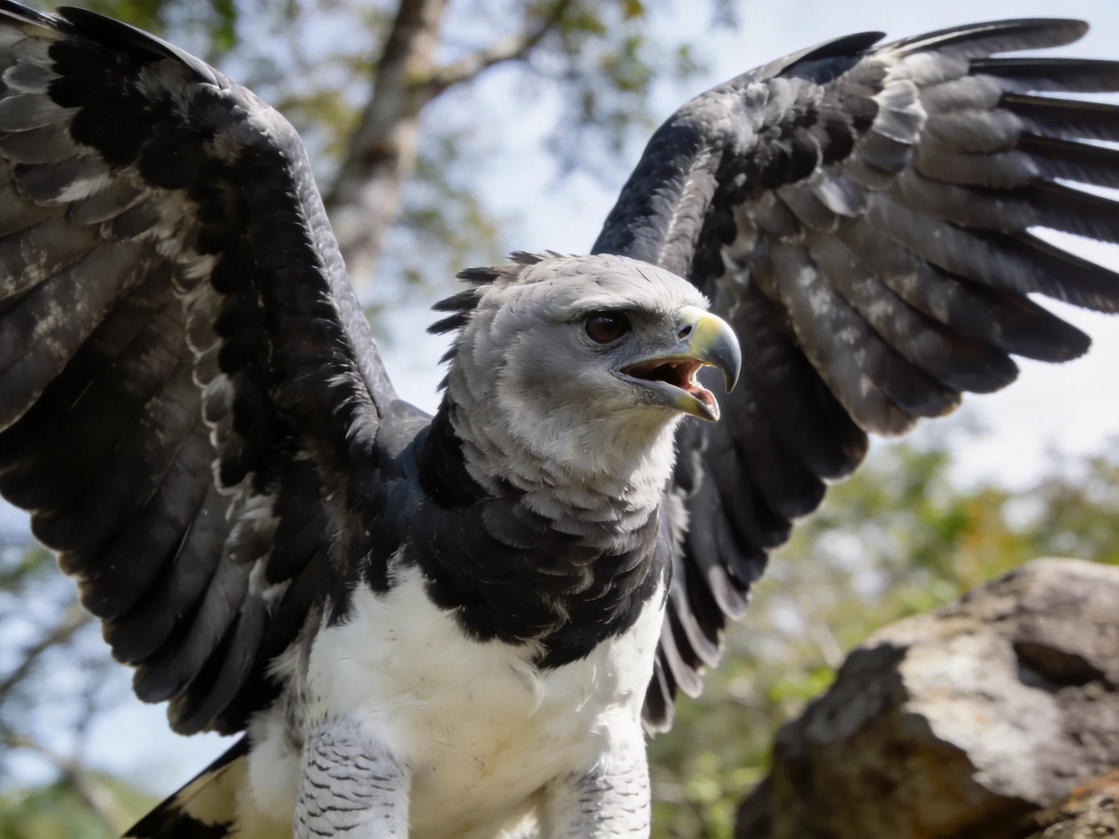 A large gray and black eagle spreads wings outdoors