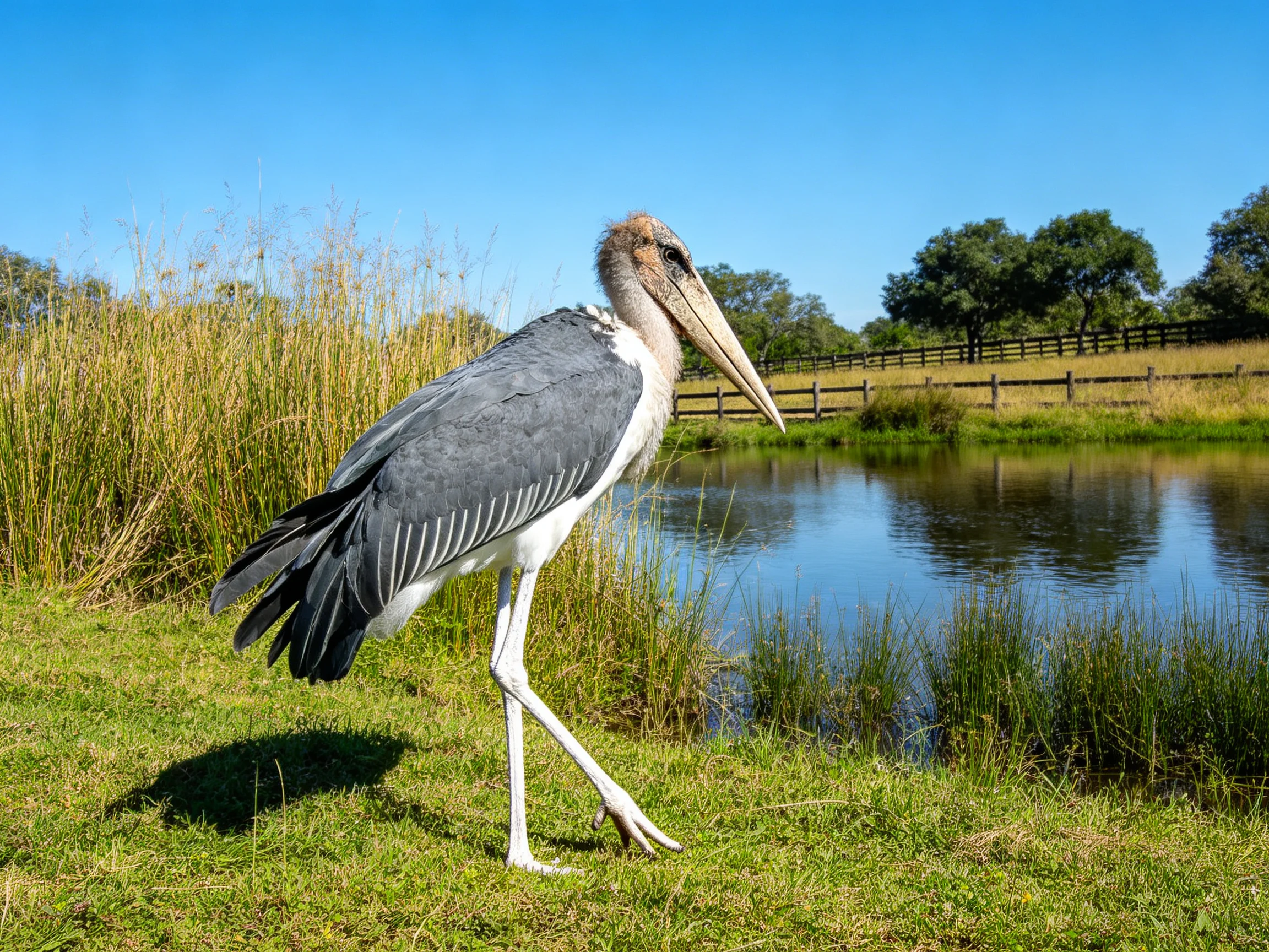 A large gray and white stork near a calm pond