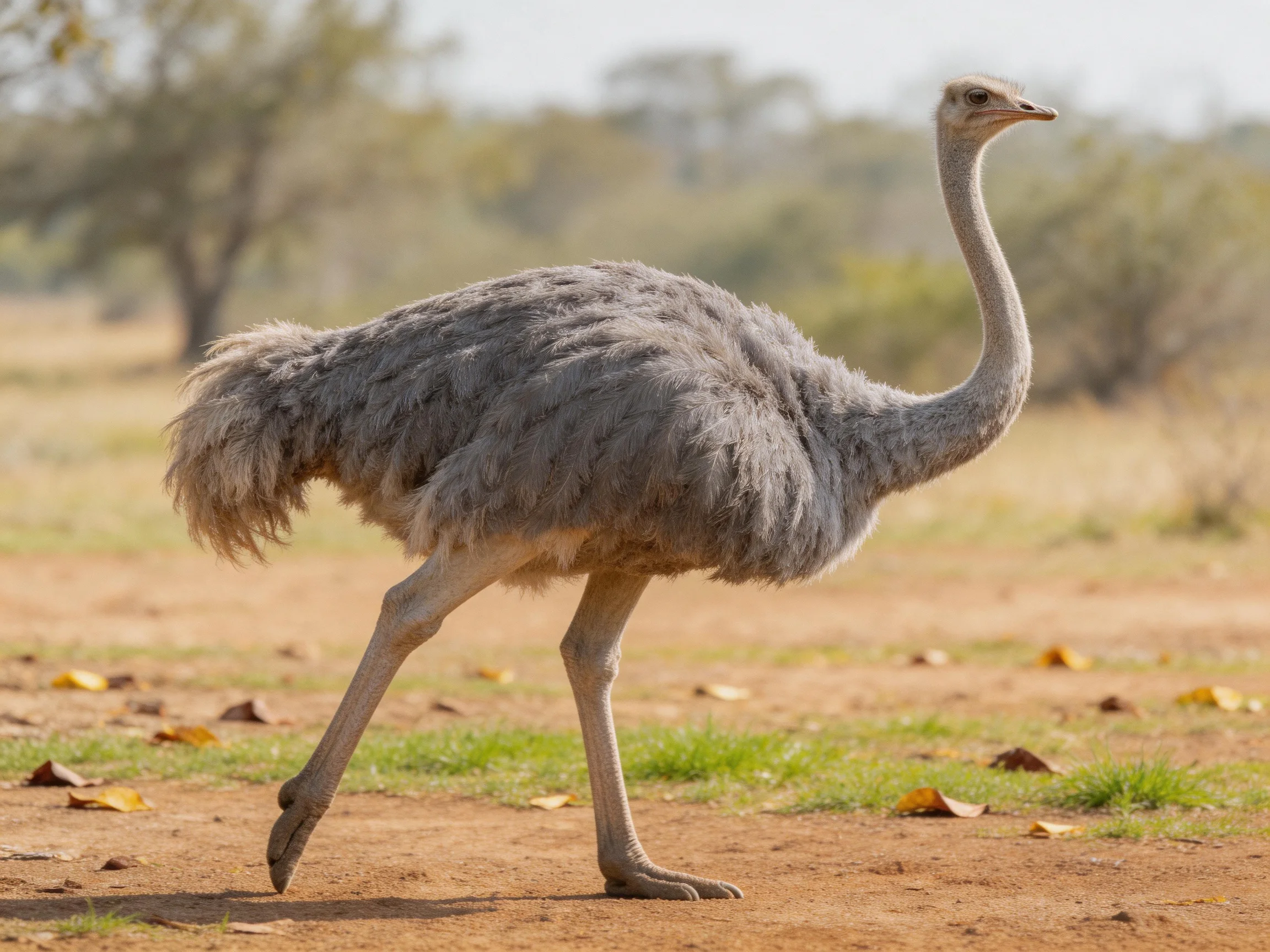 A large gray ostrich walking on a dusty savannah path
