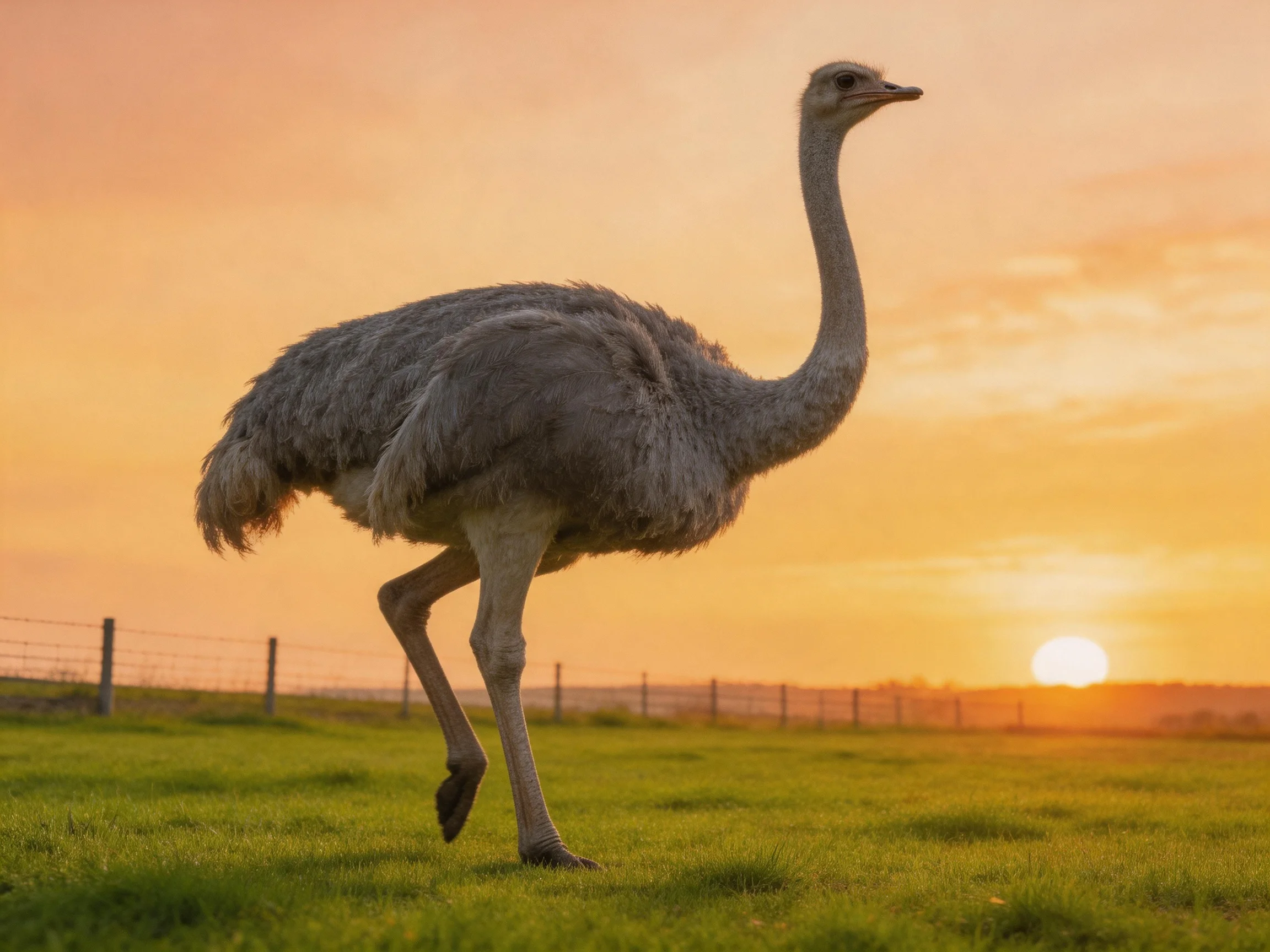 A large gray ostrich walks through a grassy field at sunset