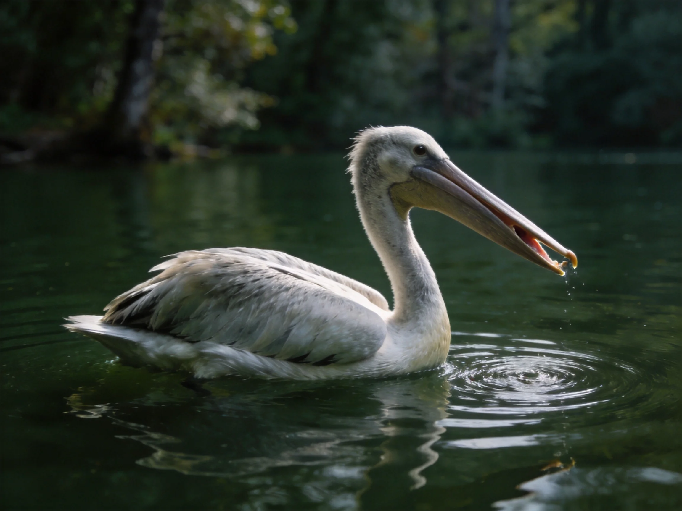 A large gray pelican swims in calm water near trees.