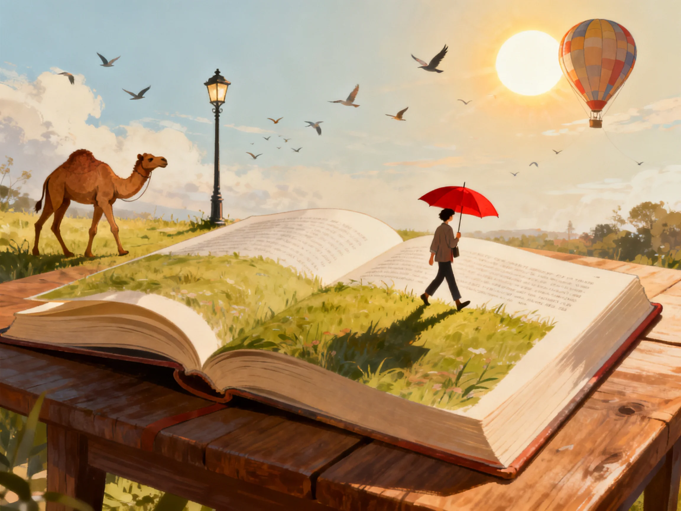 A large open book displays a whimsical outdoor scene with a person, camel, and hot air balloon