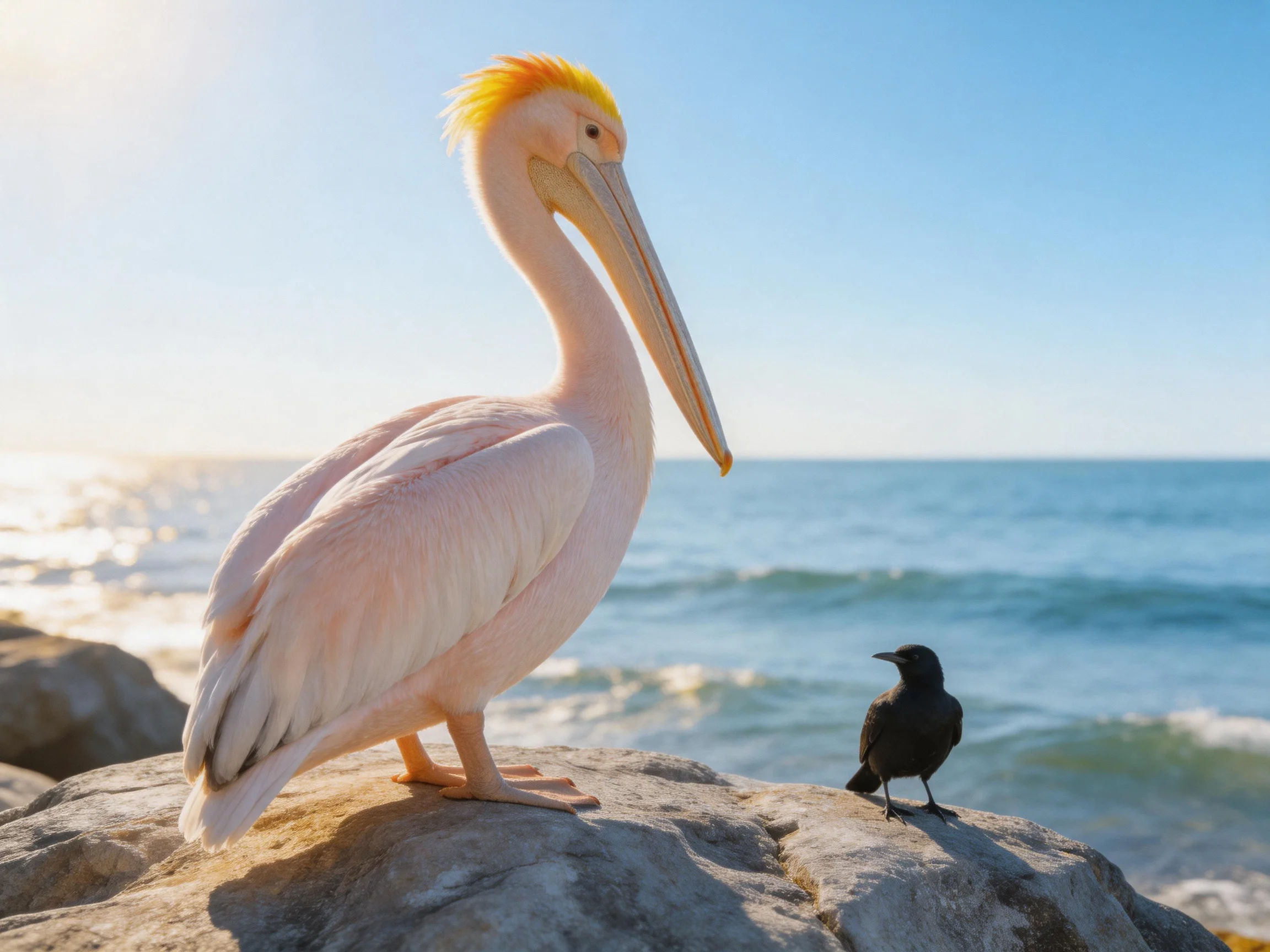 A large pink pelican stands beside a small black bird on rocky shore