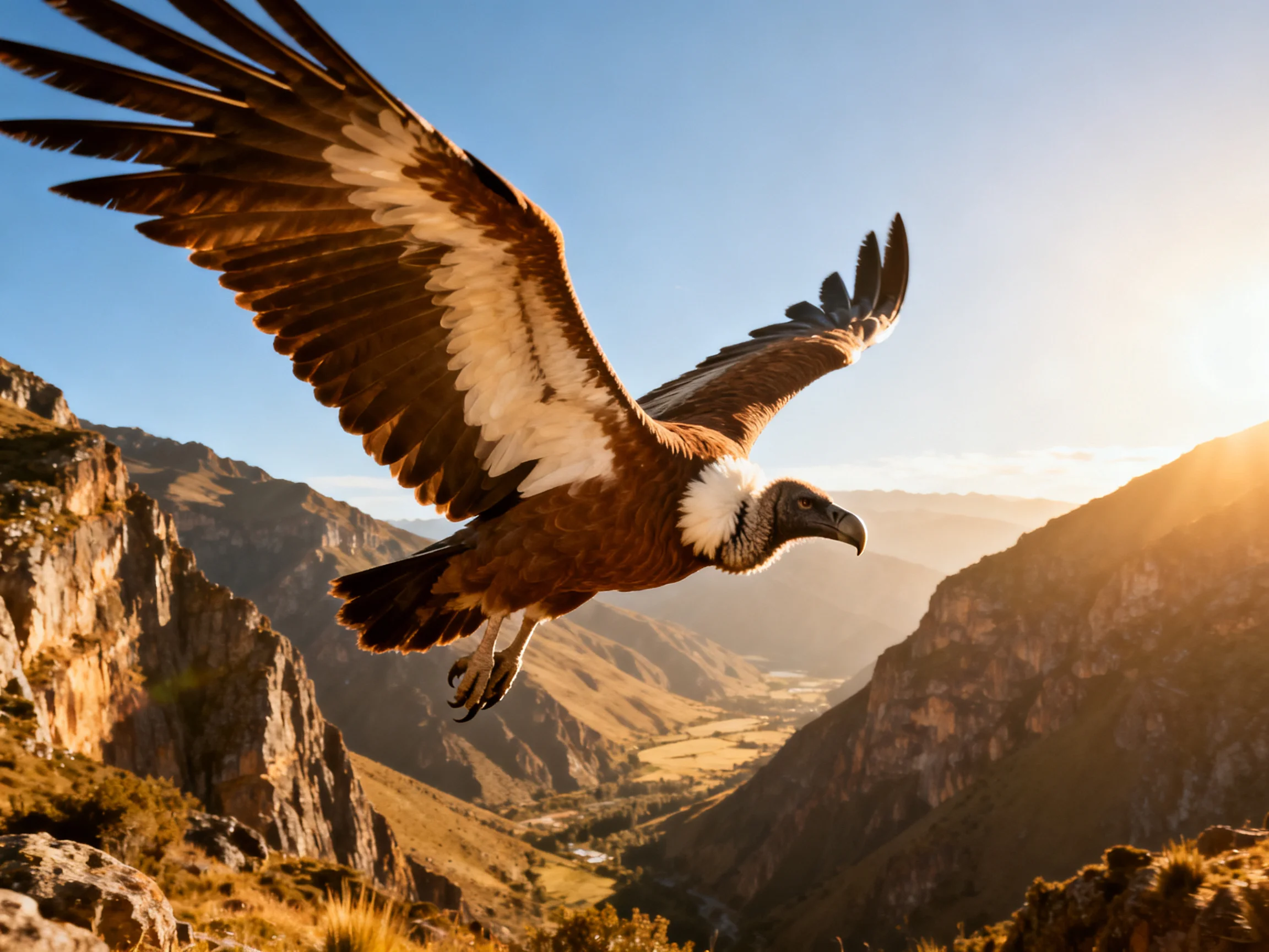 A large raptor soars over sun-drenched mountain cliffs