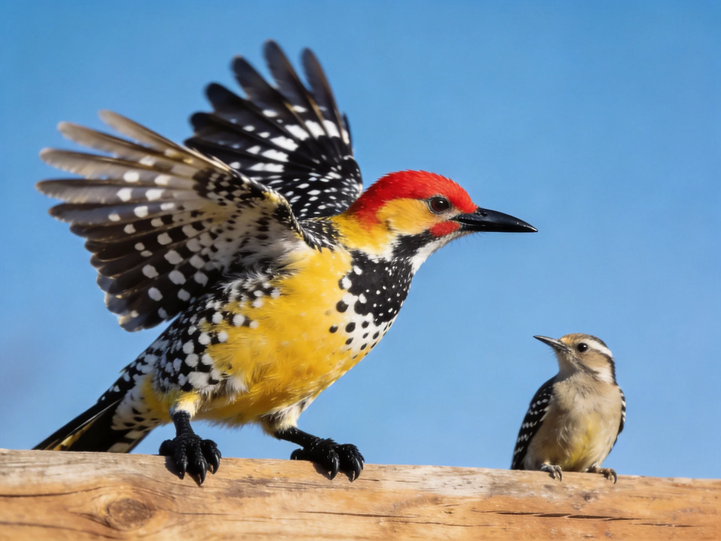 A large red-headed woodpecker and a smaller brown woodpecker on a wooden beam