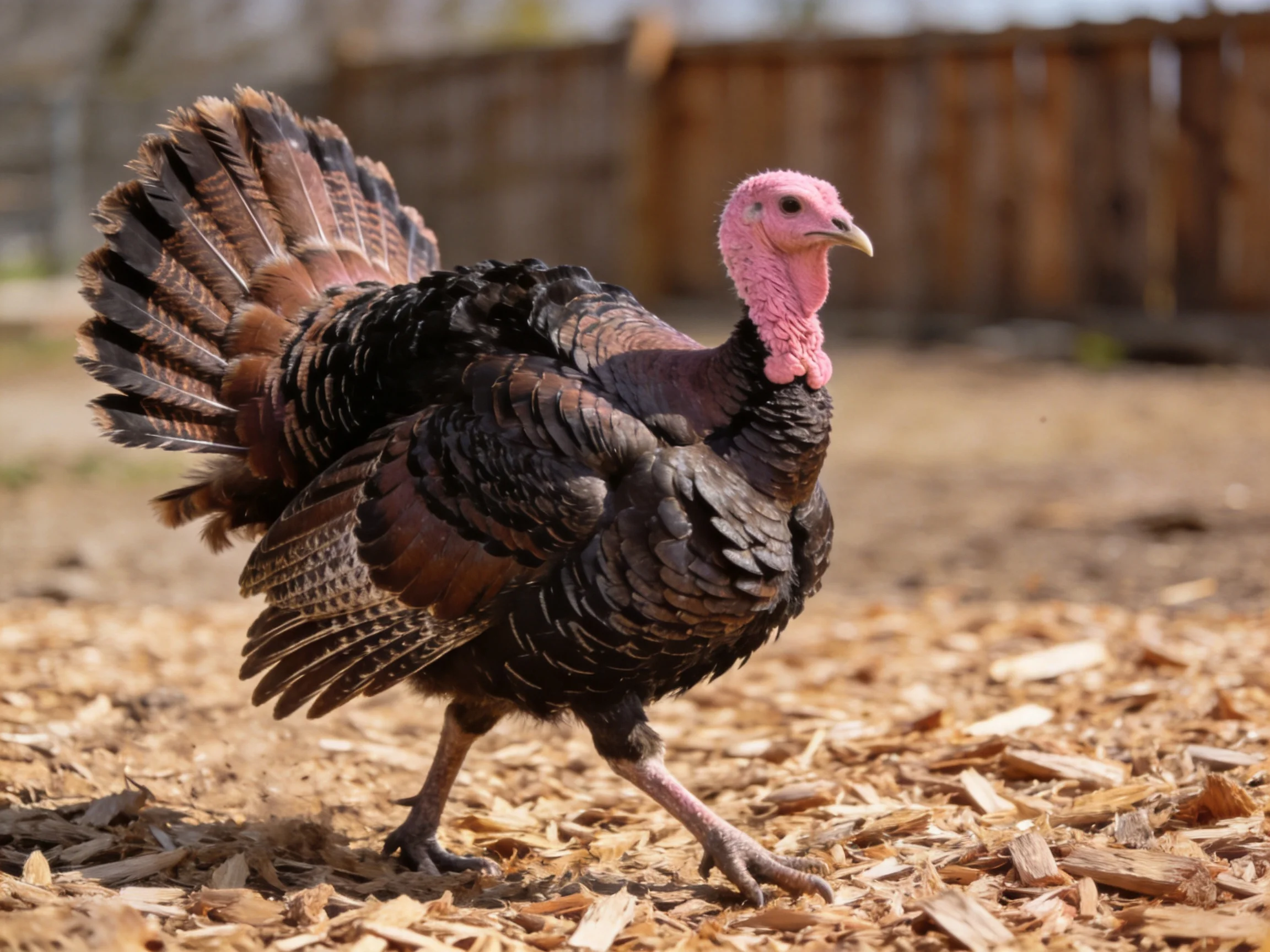 A large turkey with dark plumage and pink head walks on wood chips