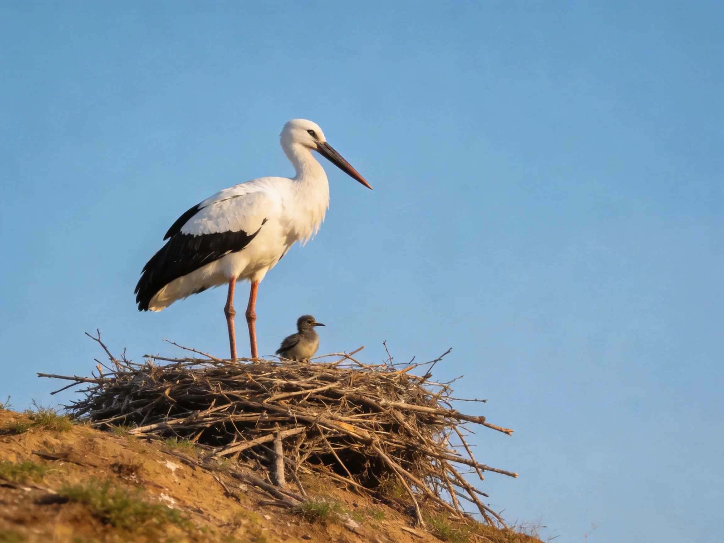 A large white and black stork with a chick in a twig nest on a grassy hill