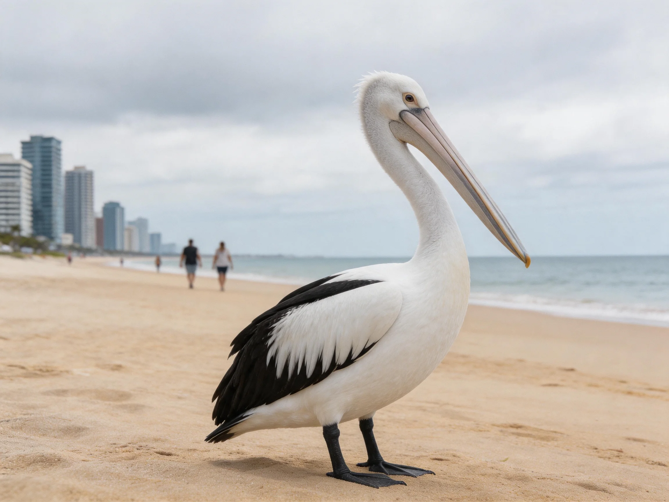 A large white pelican on a sandy beach with distant skyscrapers