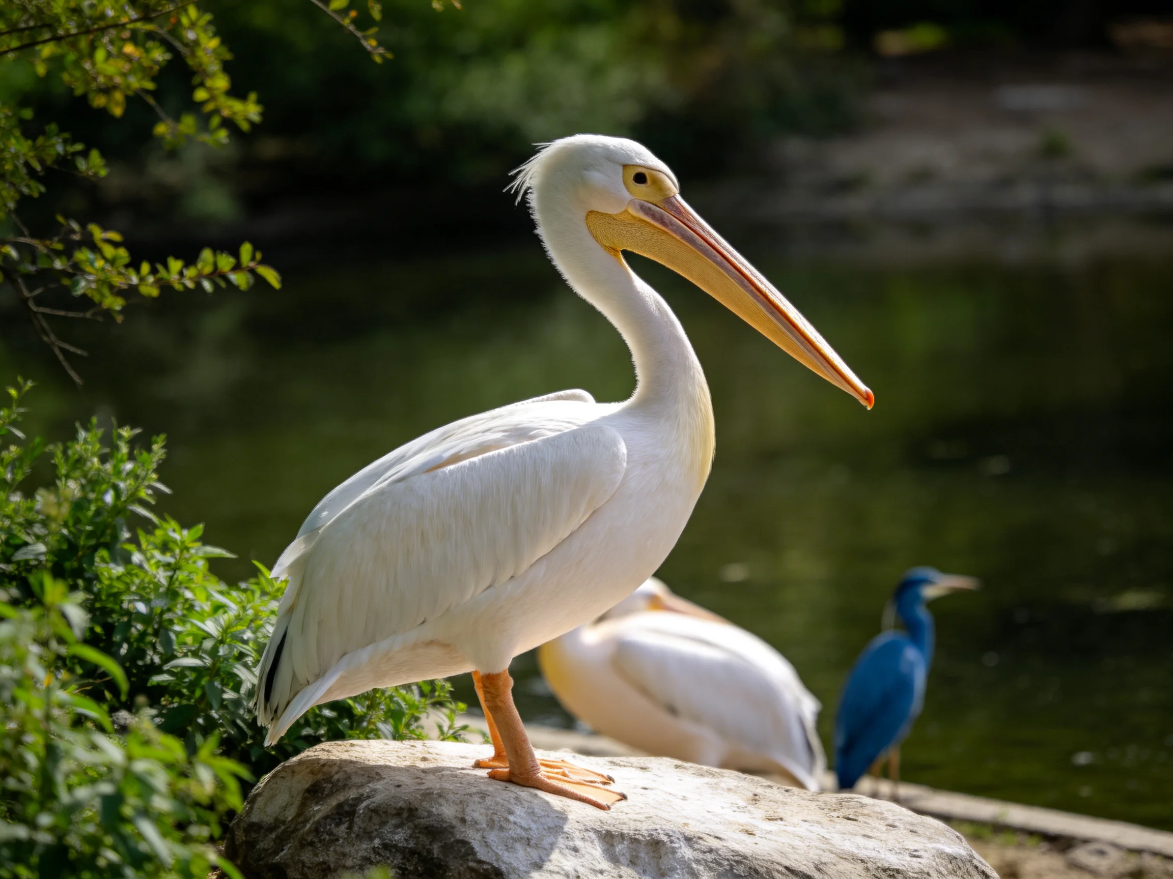 A large white pelican rests on a rock near a body of water with other birds present.