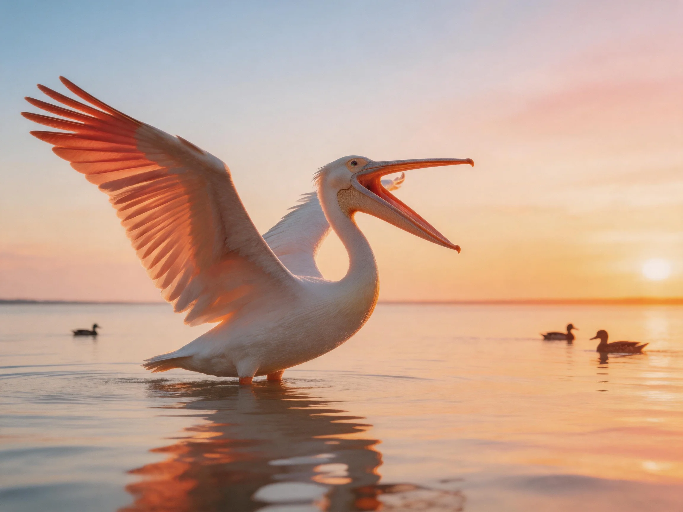 A large white pelican spreads wings in calm water at sunset with ducks swimming