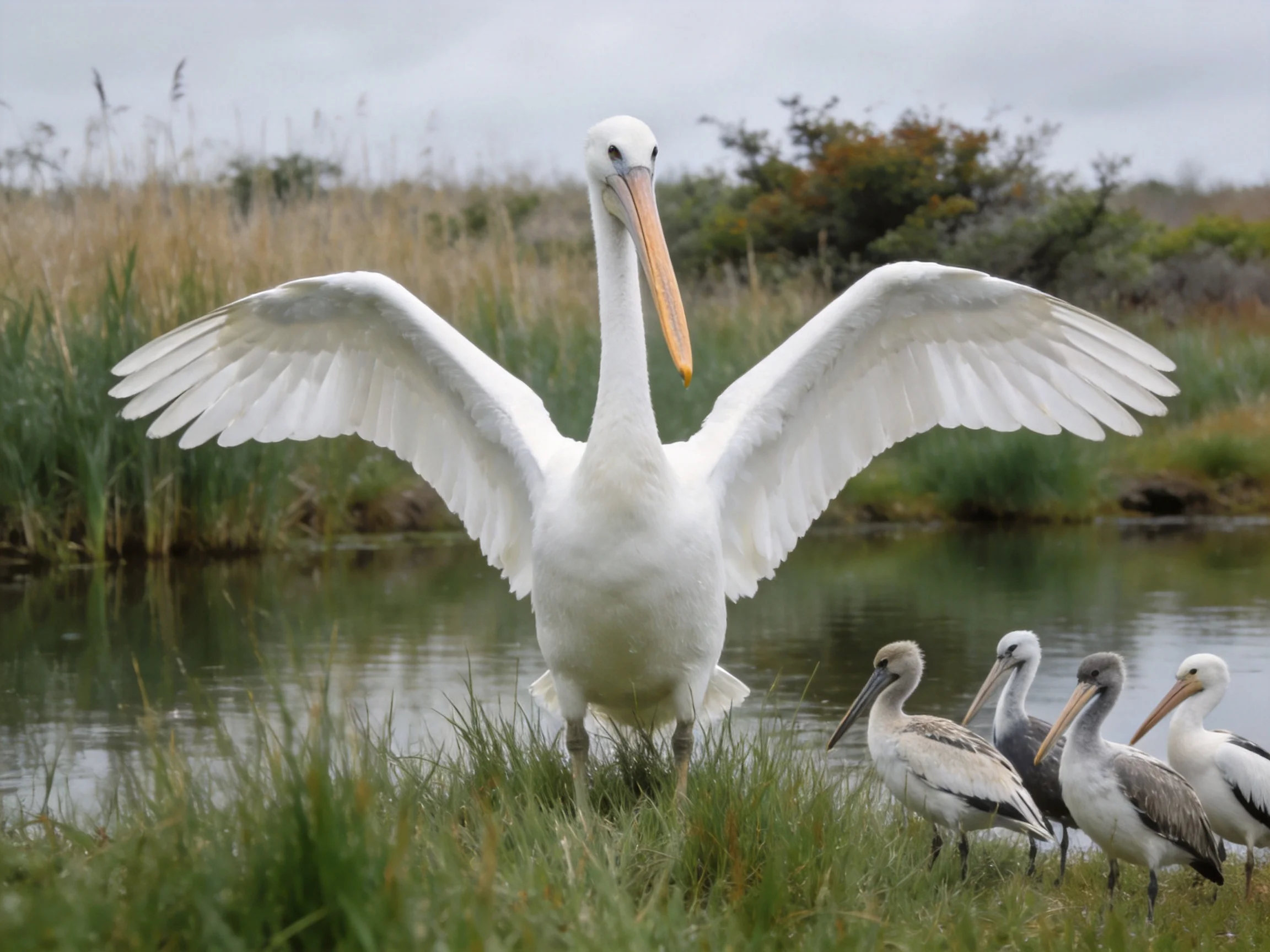 A large white pelican spreads wings near small birds by water