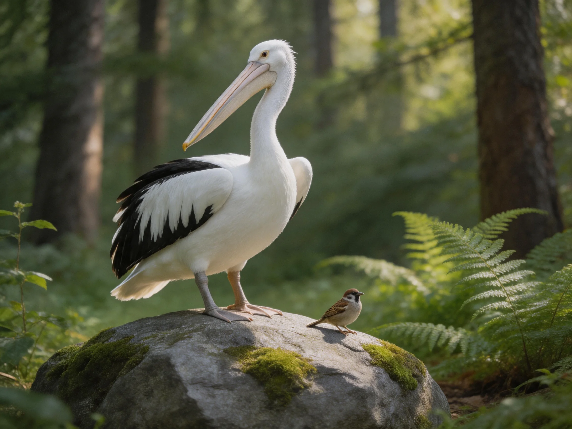 A large white pelican and a small brown sparrow rest together on a mossy rock in a lush forest.