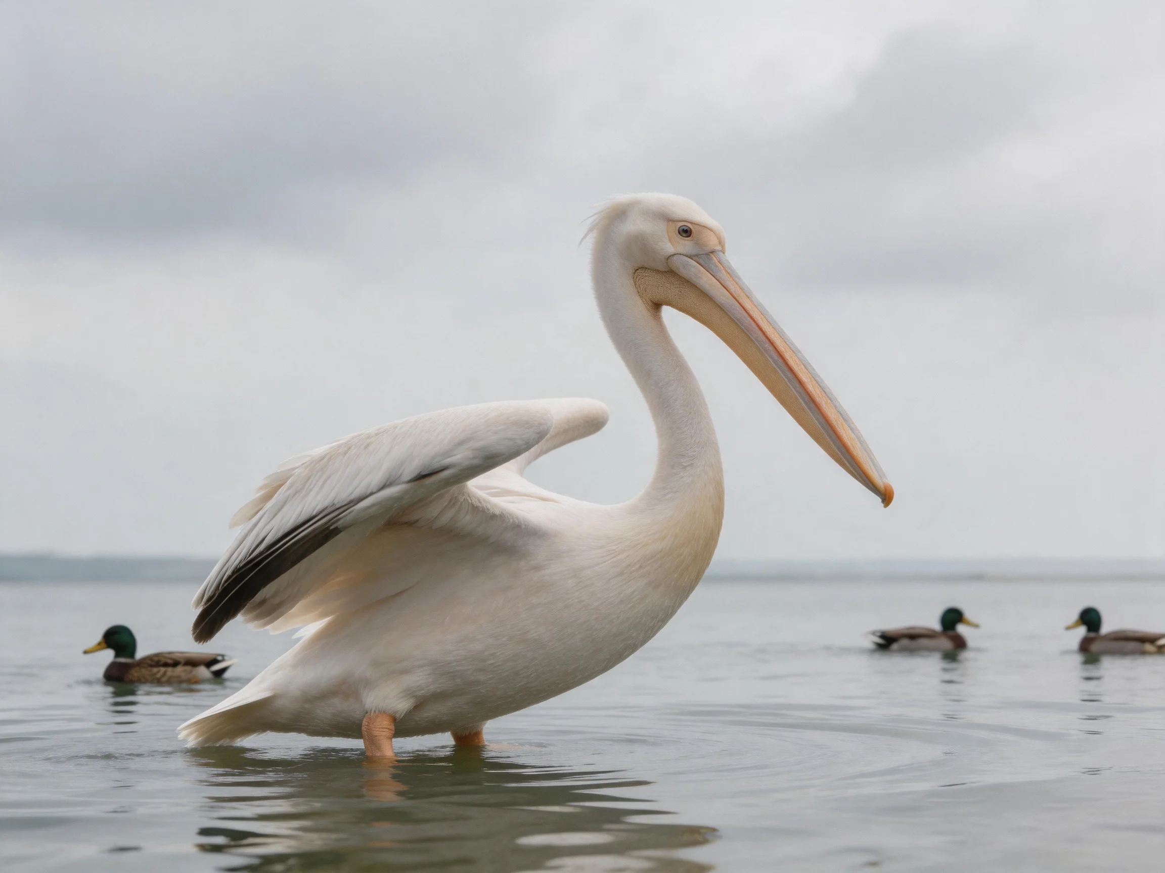 A large white pelican stands in shallow water near ducks
