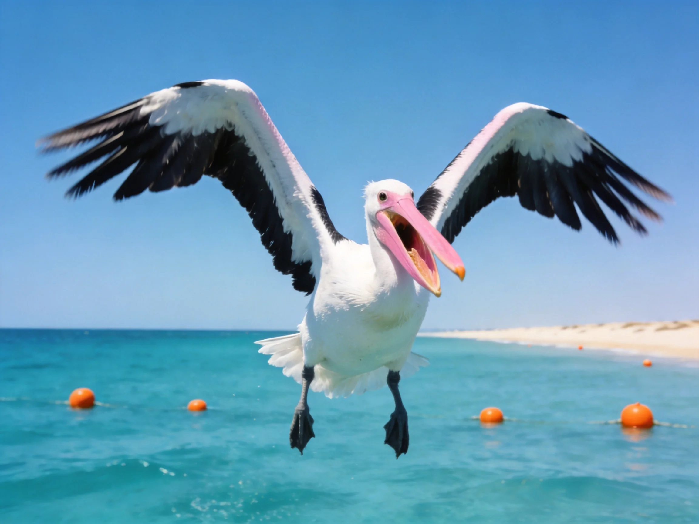 A large white pelican with black wings flies over turquoise water near a sandy shore
