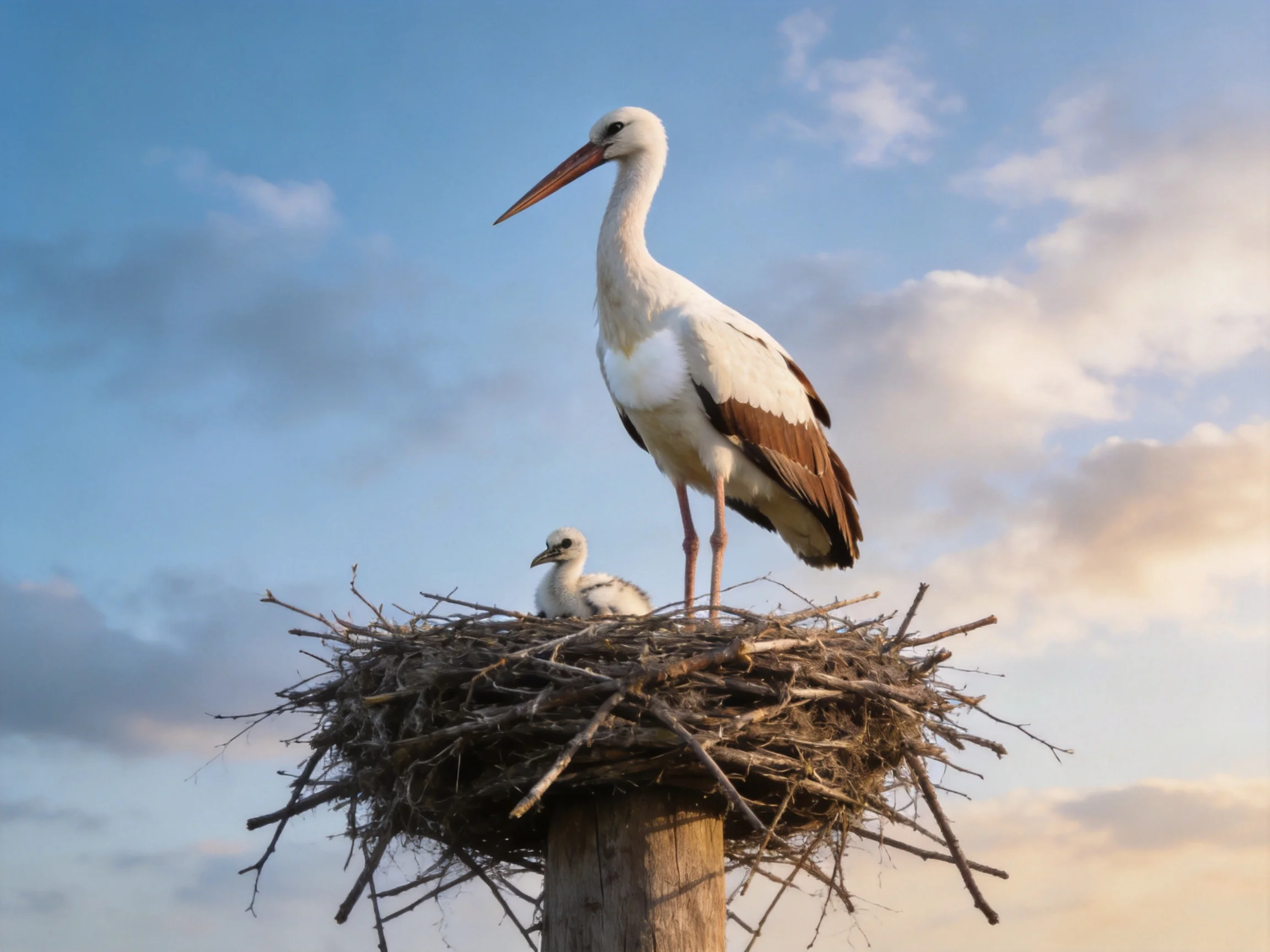 A large white stork and chick in a nest under a cloudy sky