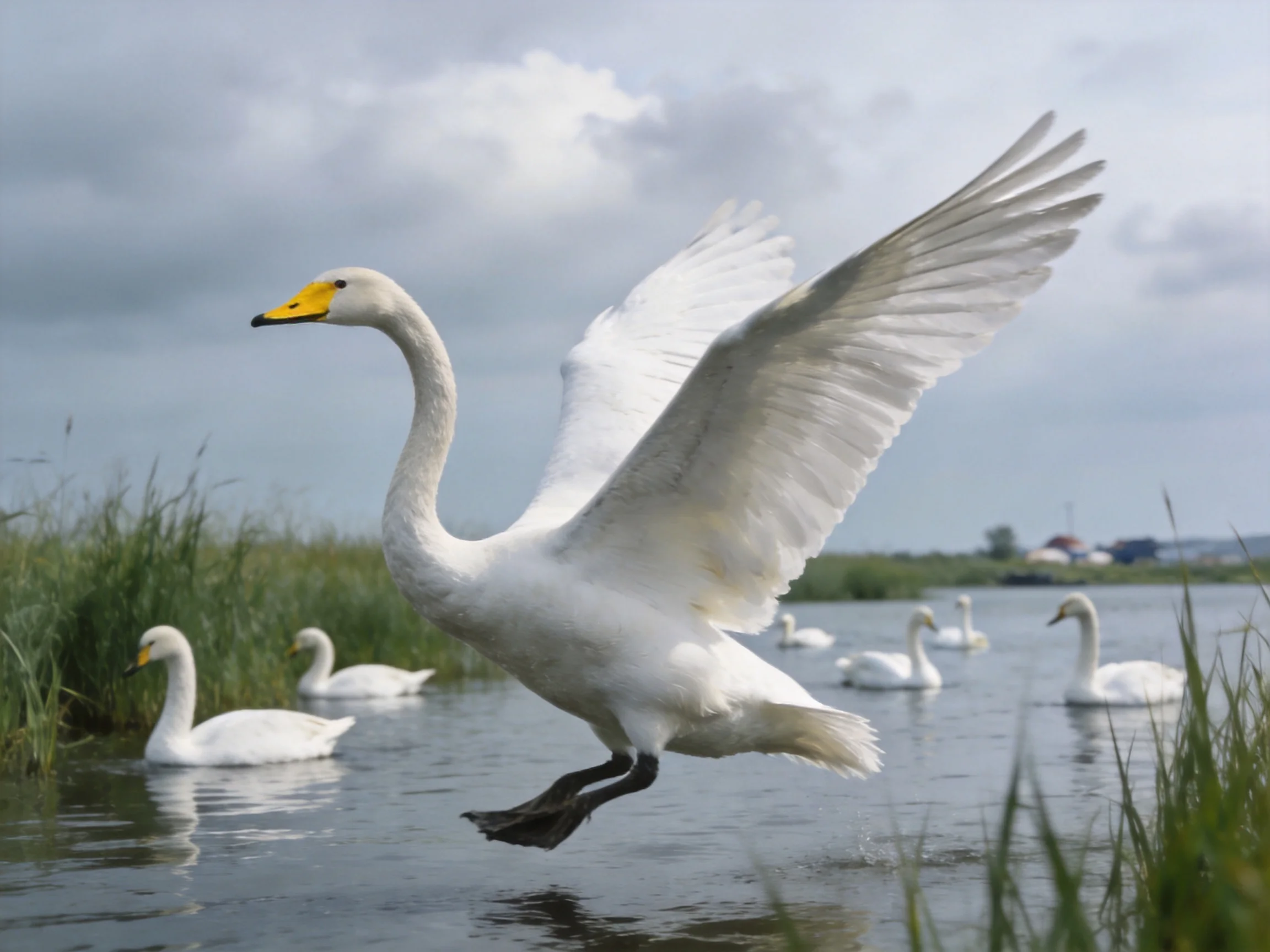 A large white swan taking flight near six other swans on calm water