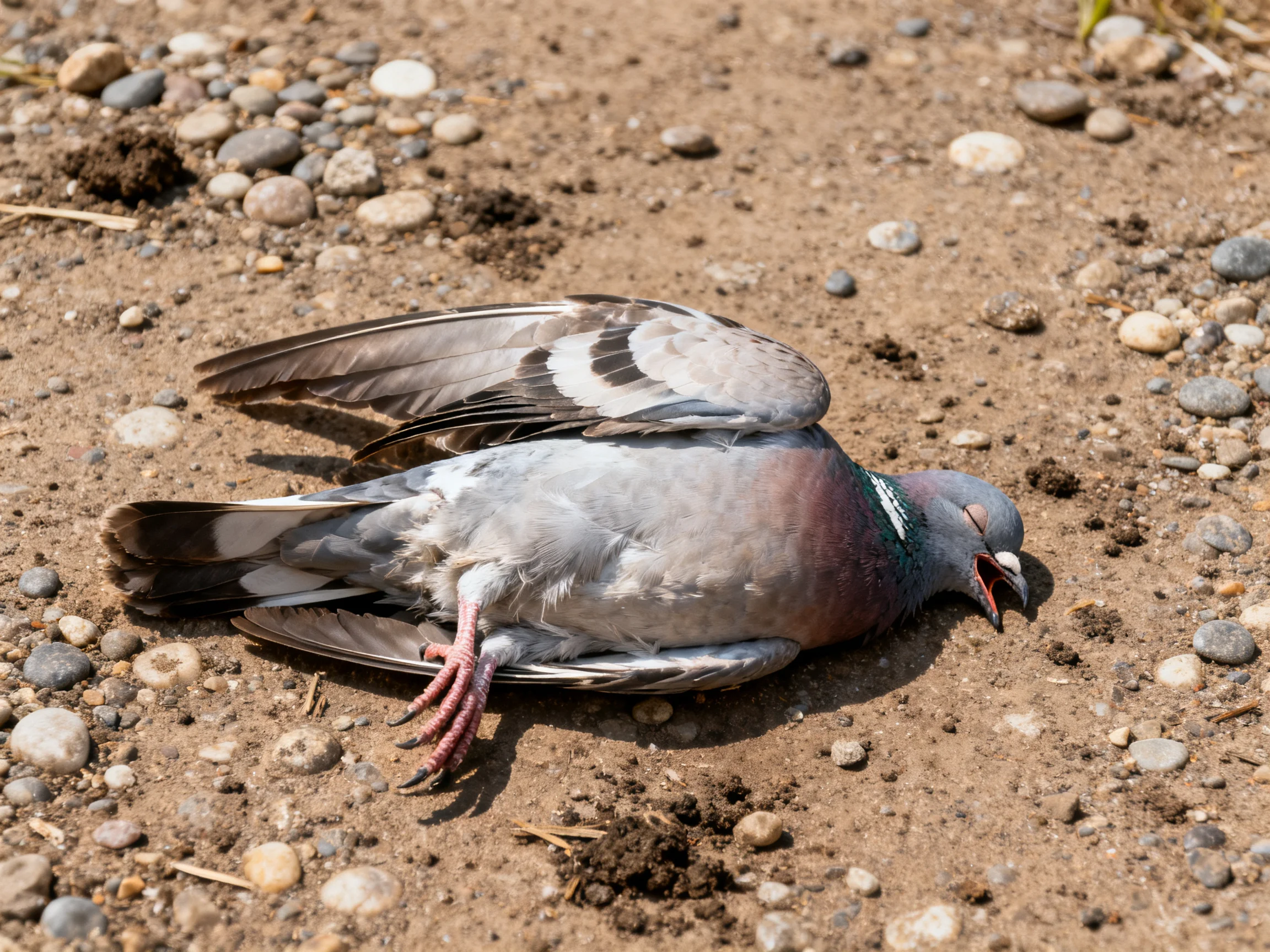 A lifeless gray pigeon rests on a pebbly dirt surface