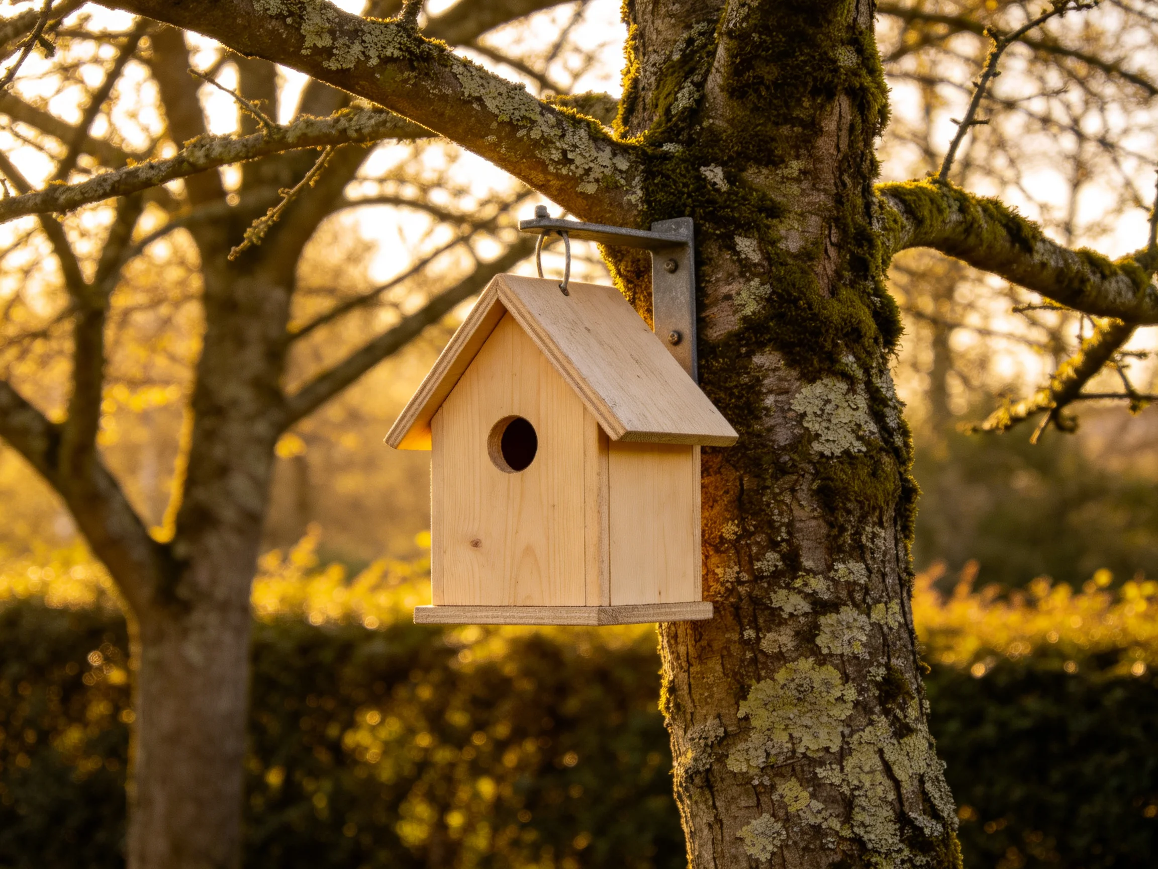 A light wood birdhouse hangs from a moss-covered tree trunk in golden sunlight.