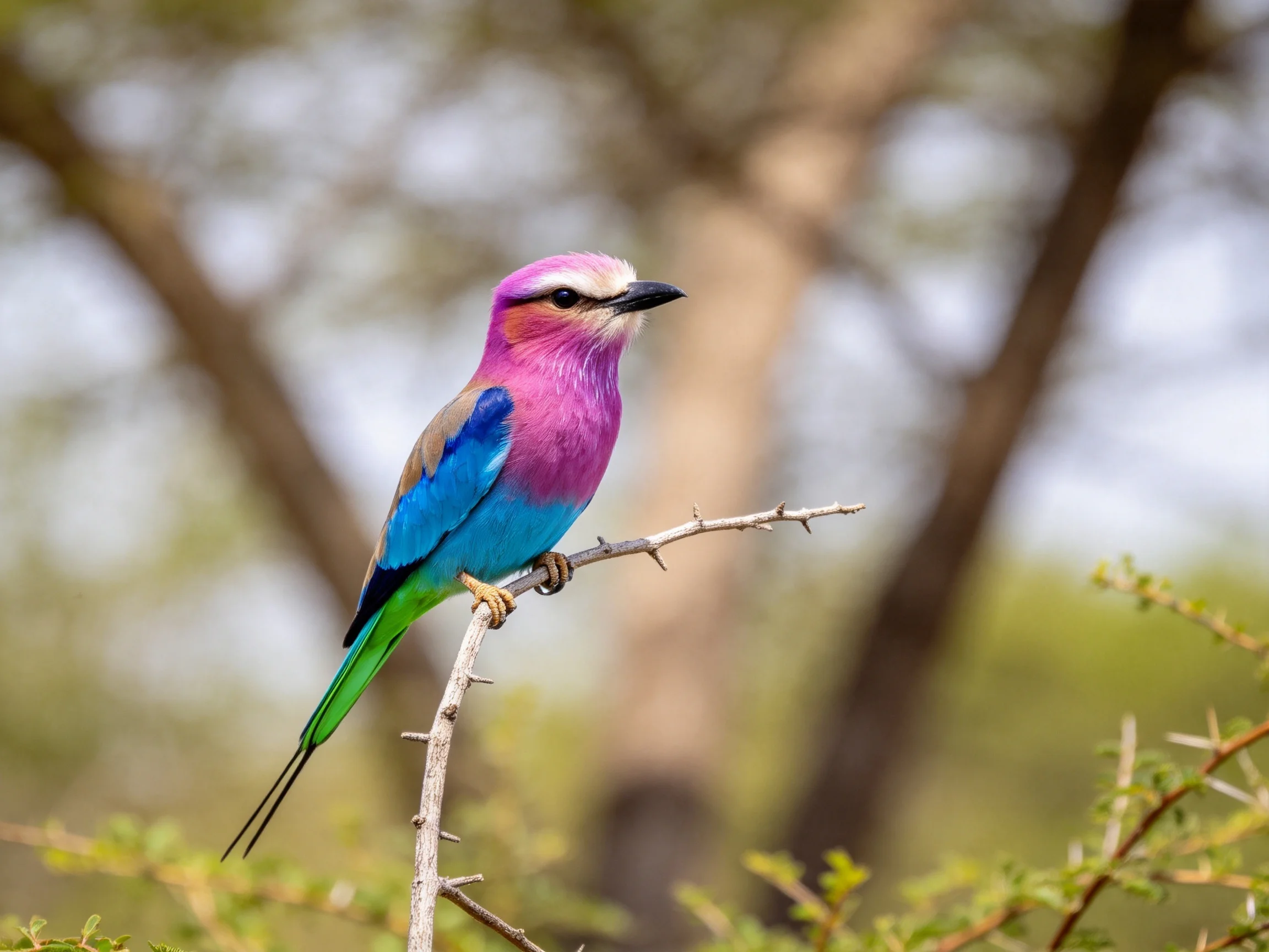 A lilac-breasted roller with vibrant pink, blue, and green plumage perched on a thorny branch