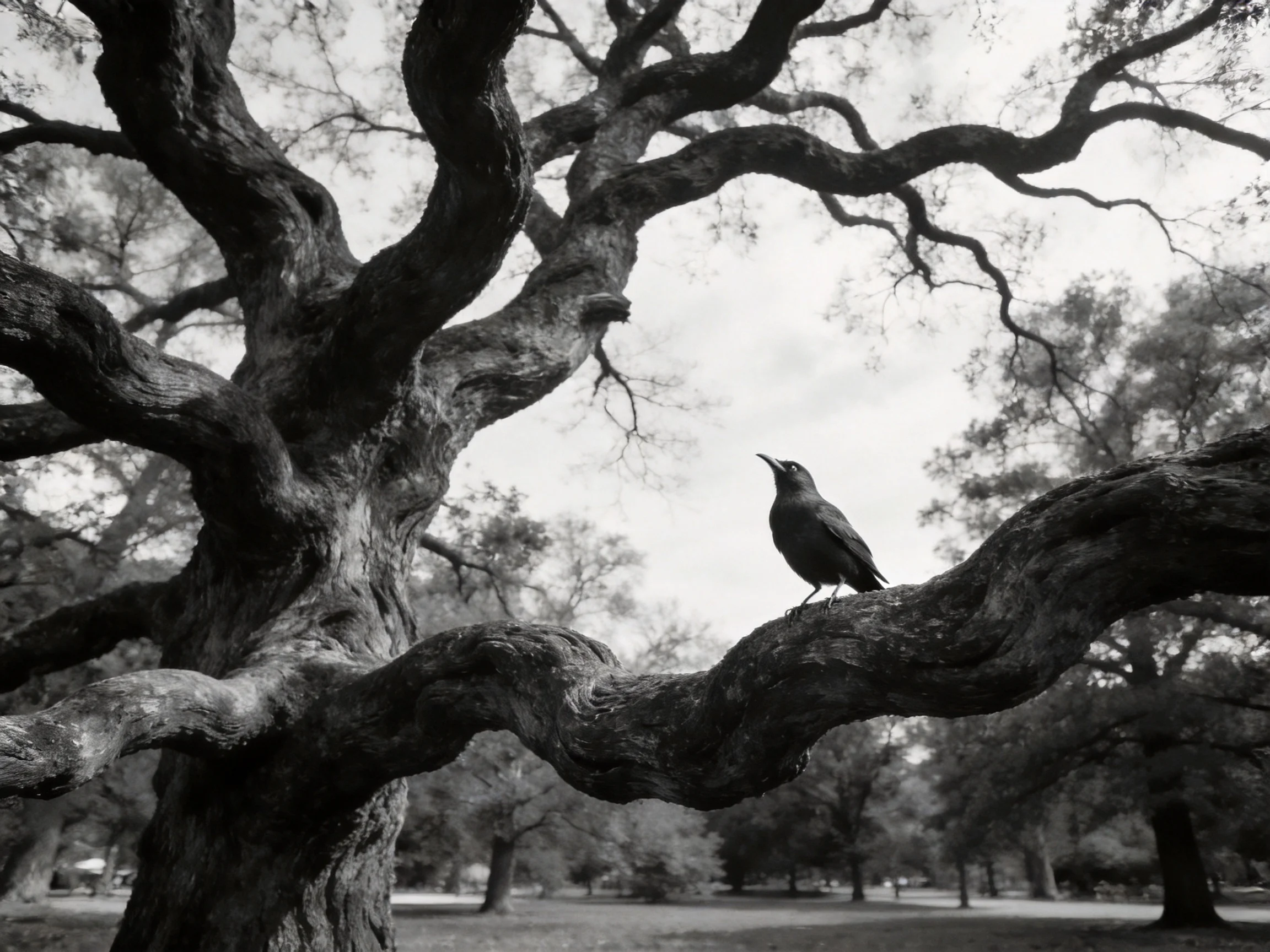 A lone bird perches on an ancient gnarled tree branch