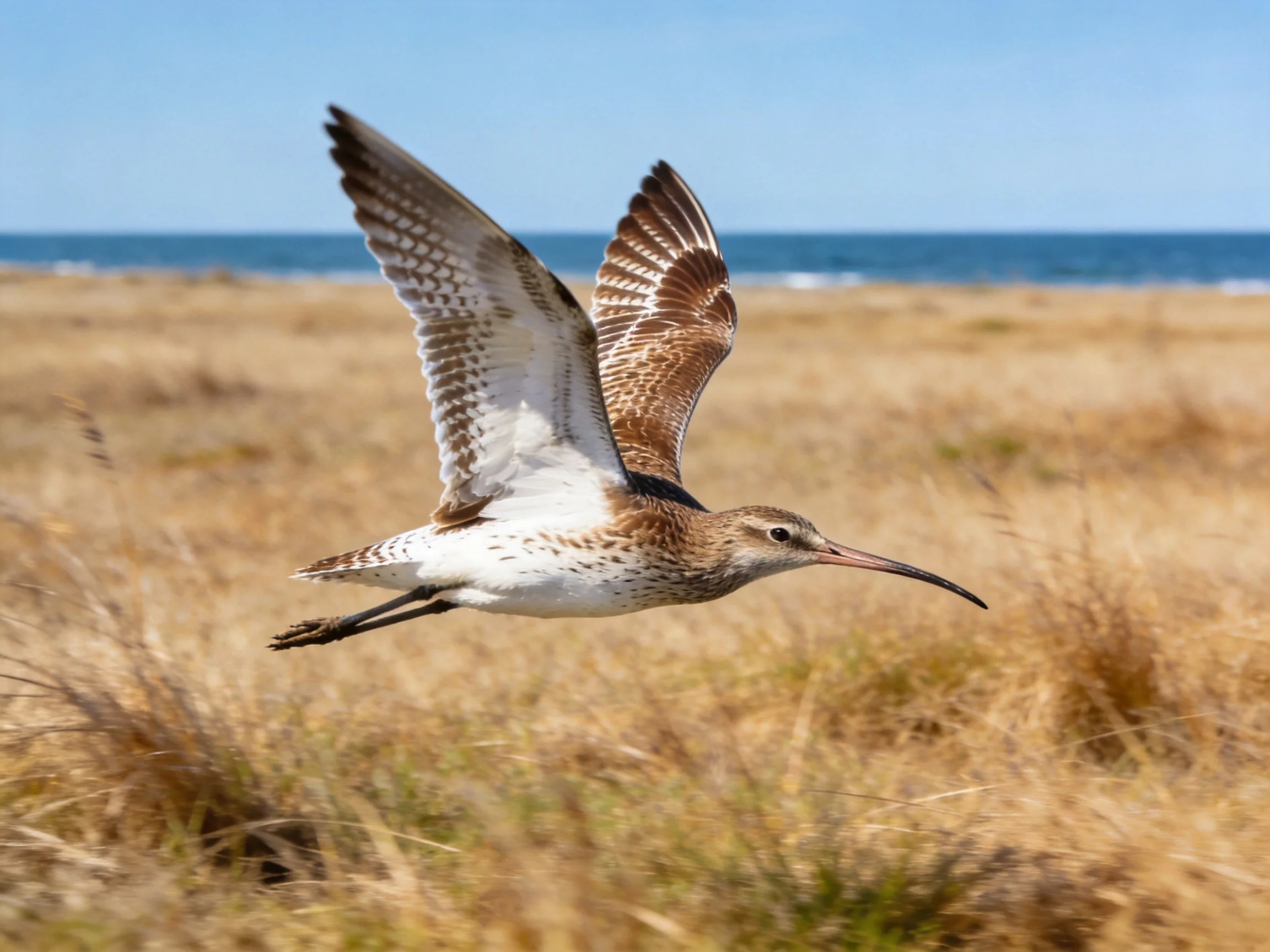 A long-beaked bird soars over golden coastal grasslands