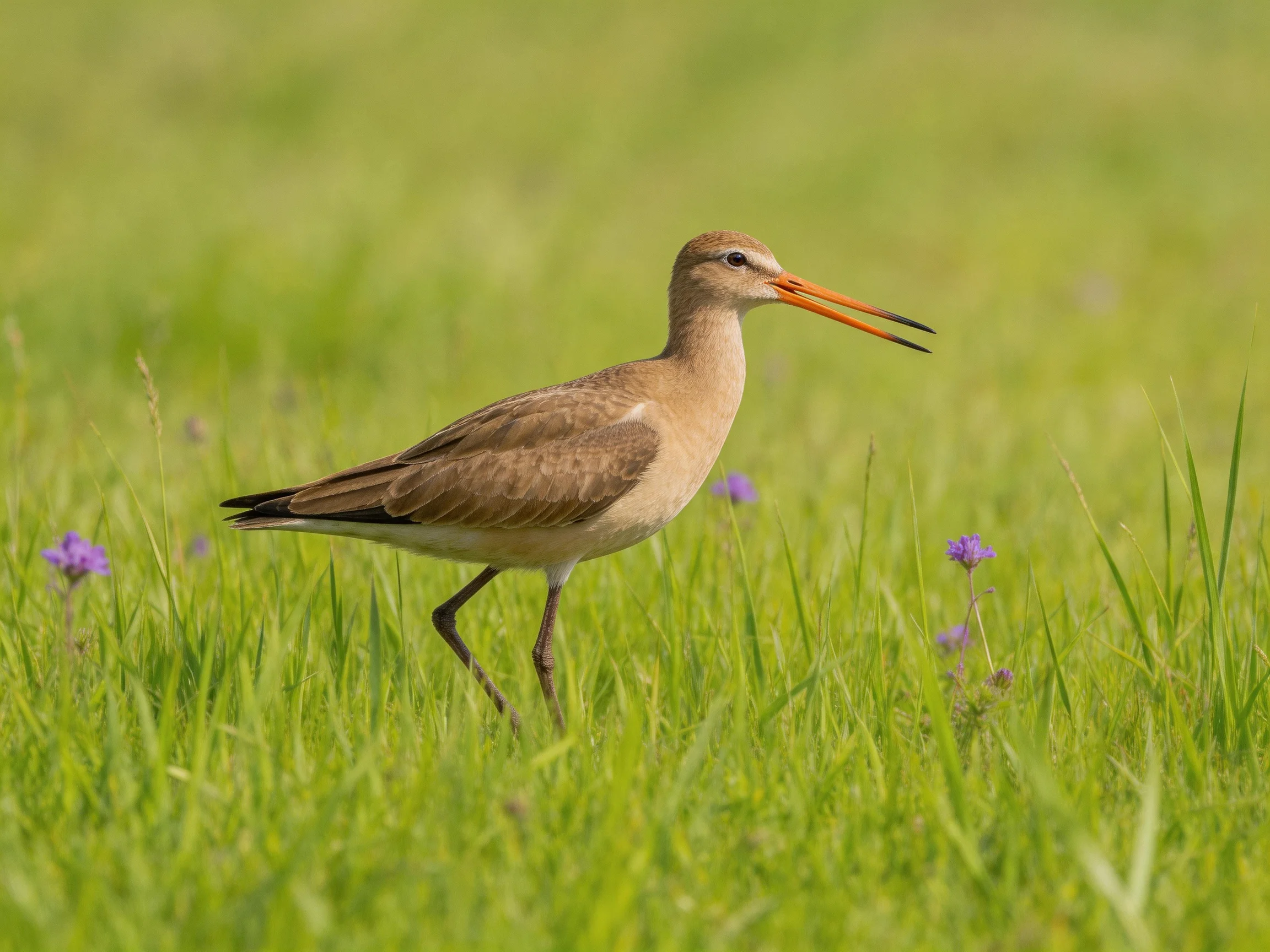 A long-billed bird explores lush green meadow with purple wildflowers