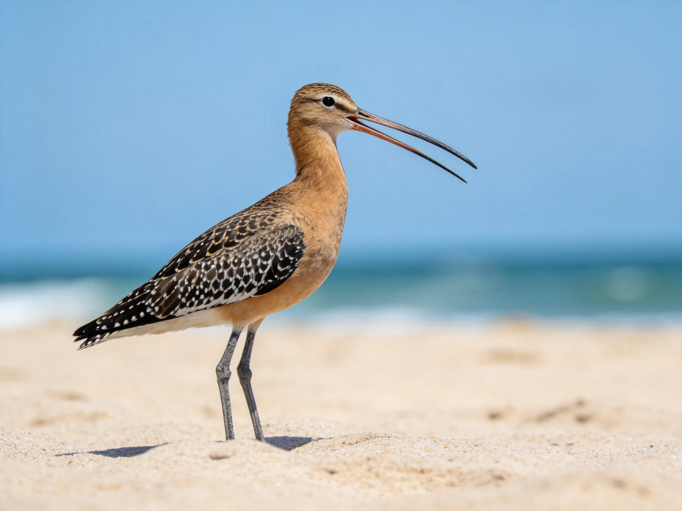 A long-billed shorebird stands on sandy beach near the ocean