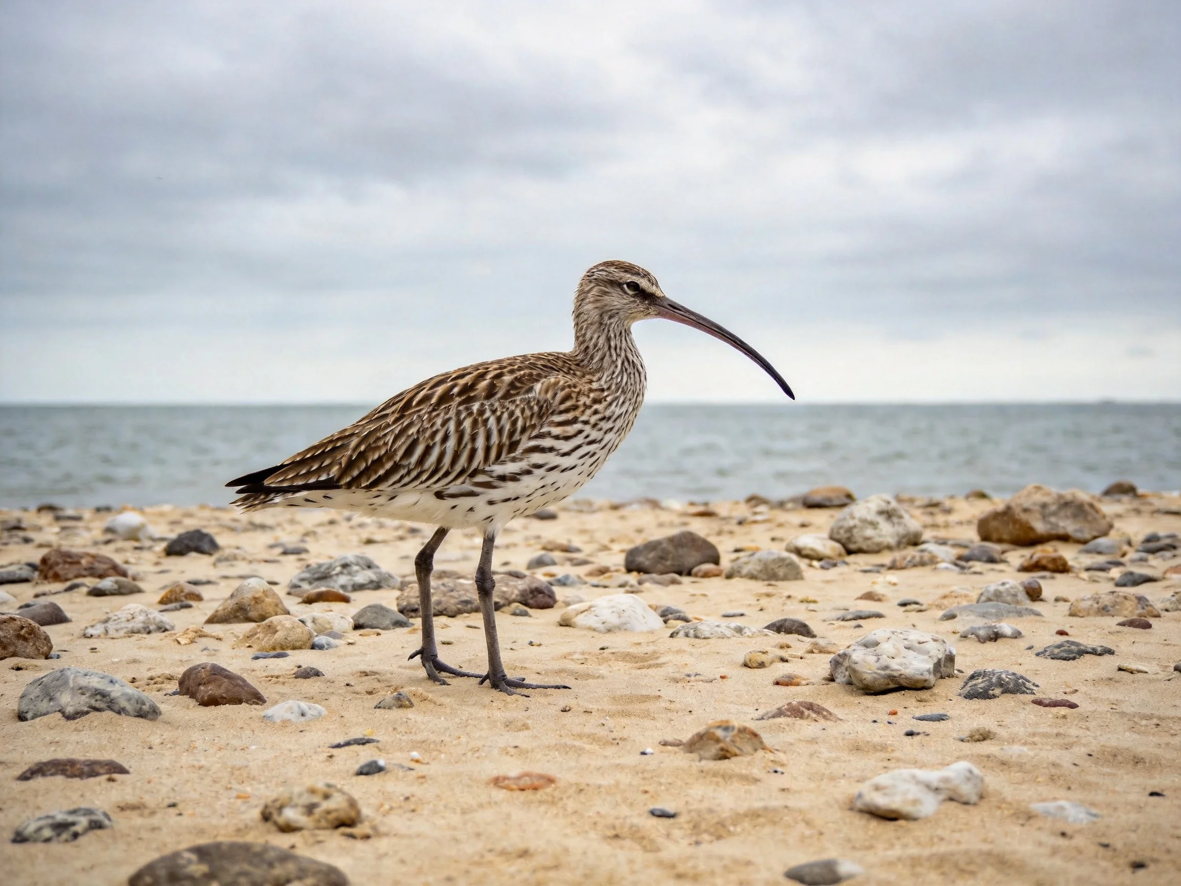 A long -illed bird on a pebbly sandy shore by calm waters