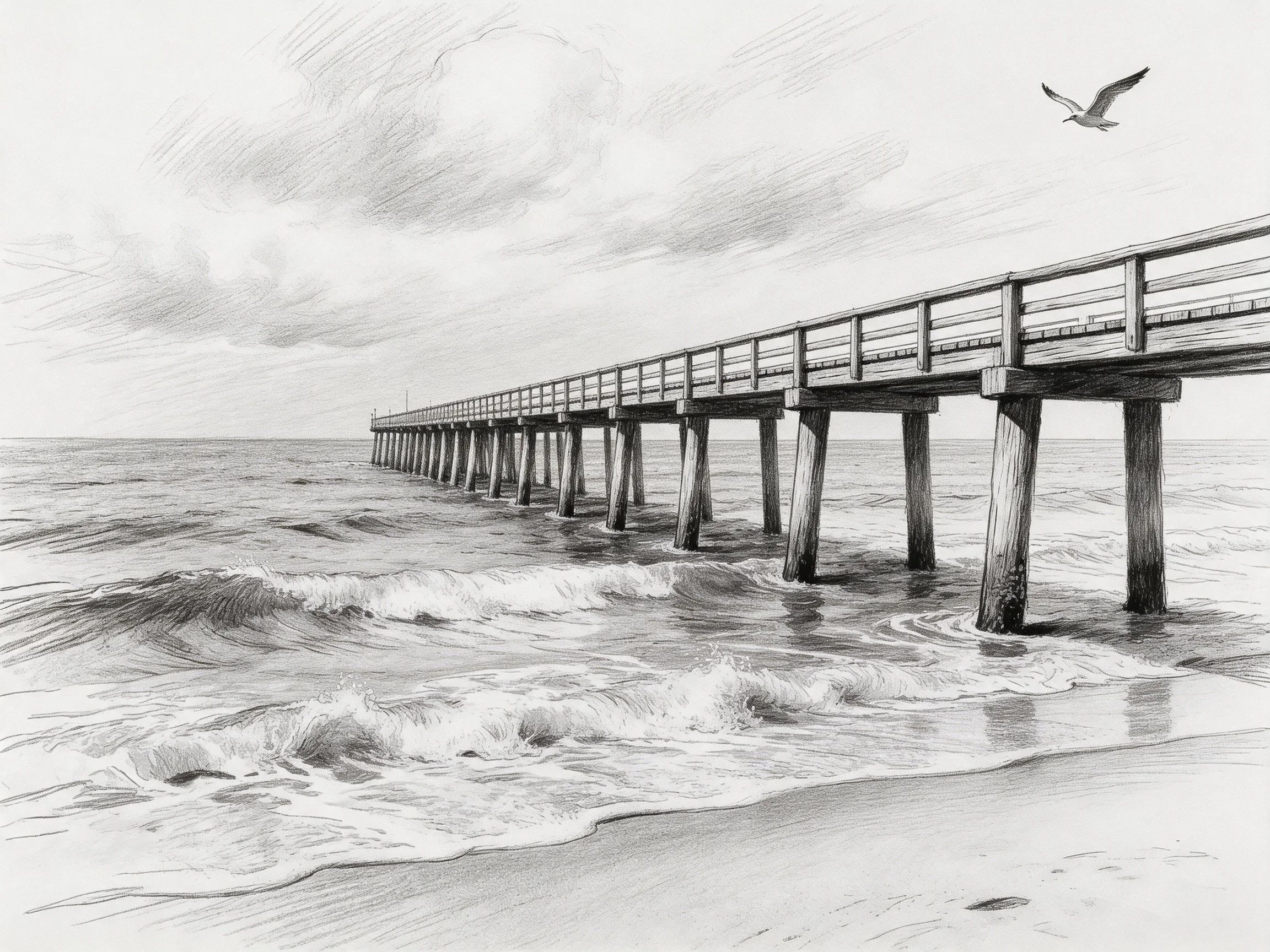 A long wooden pier extends over choppy ocean waters with sandy shore