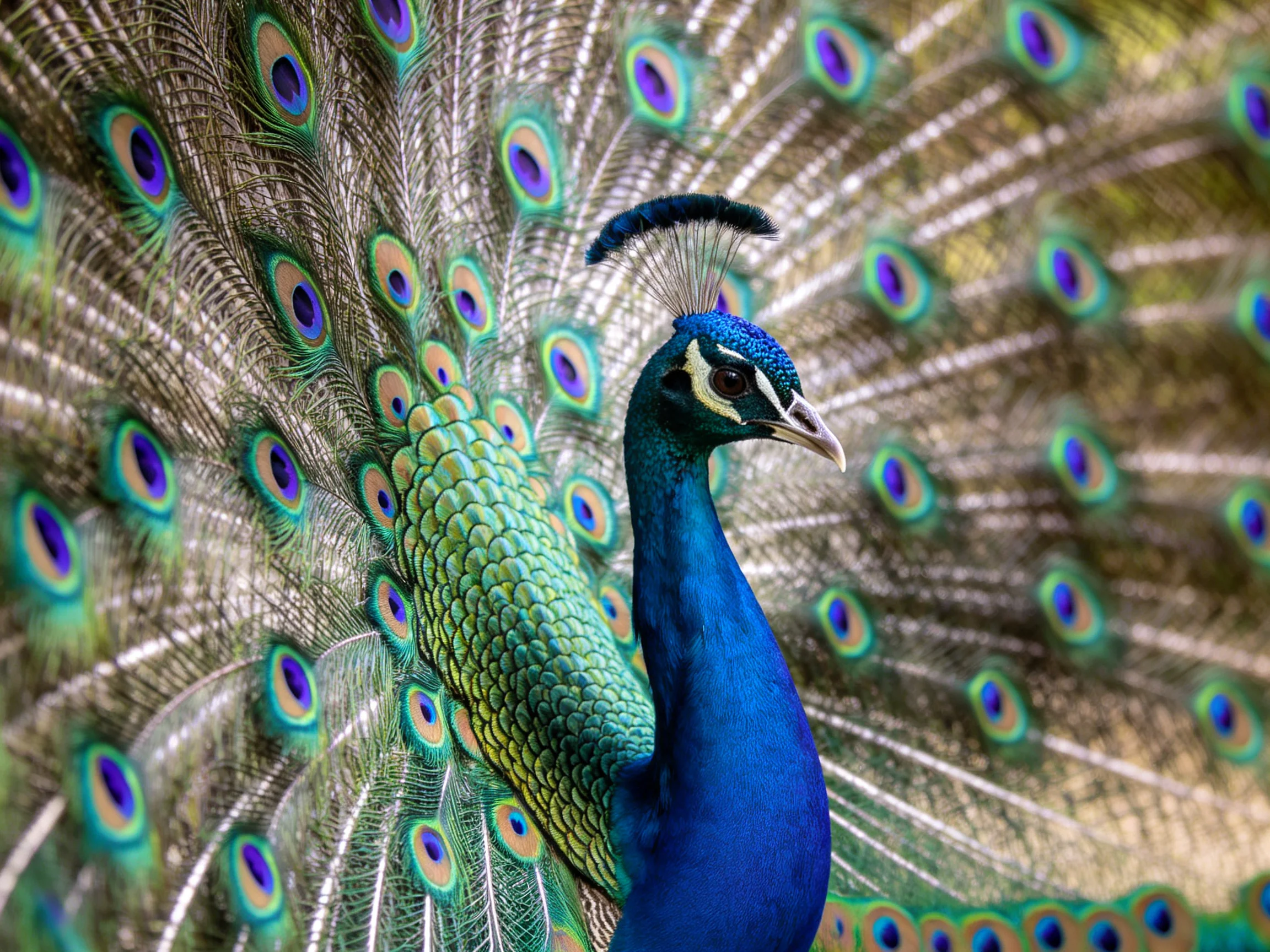 A magnificent peacock displays its vibrant blue-green plumage with colorful eye-spotted tail feathers