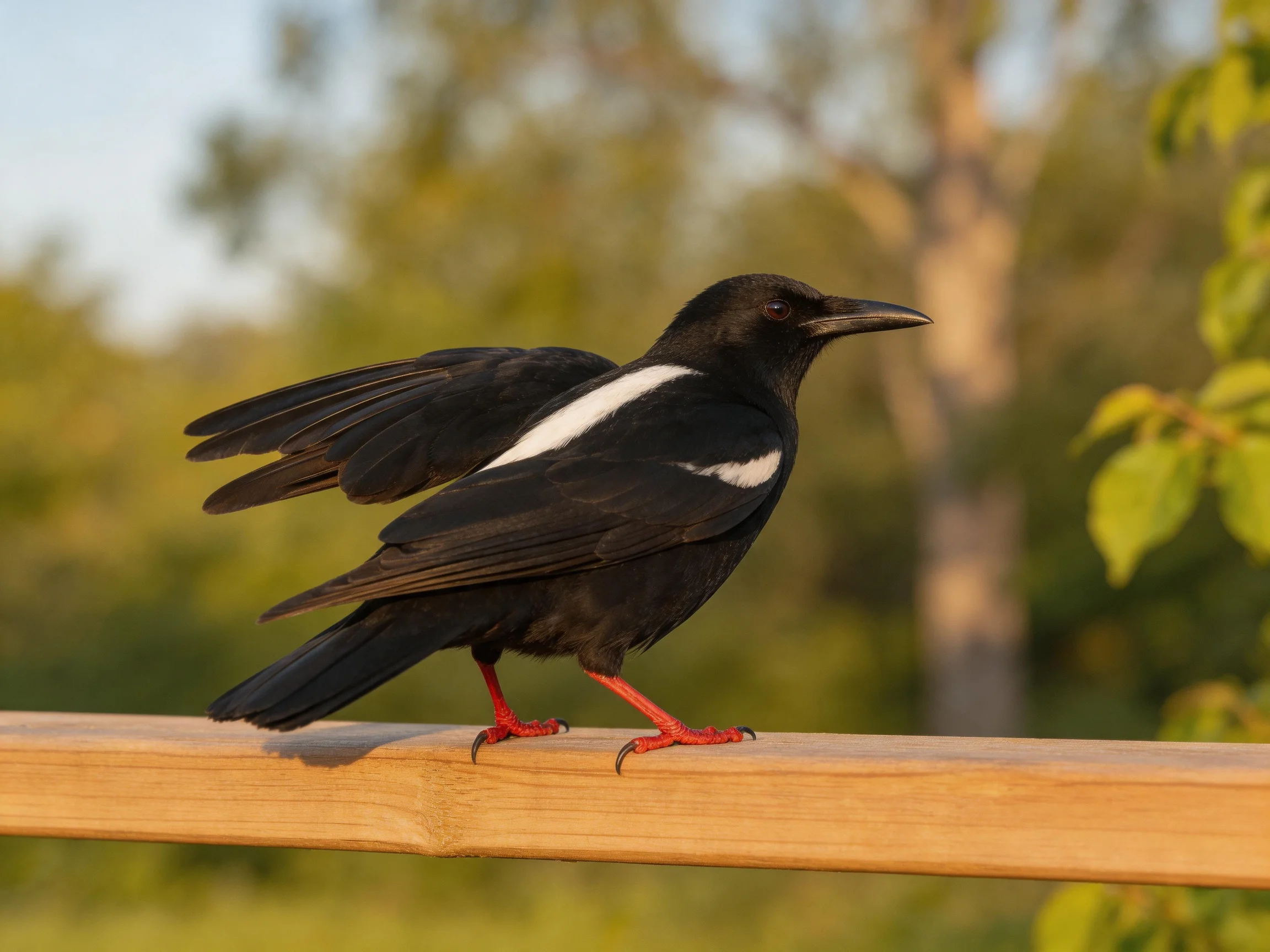 A magpie with black and white plumage perches on a wooden railing