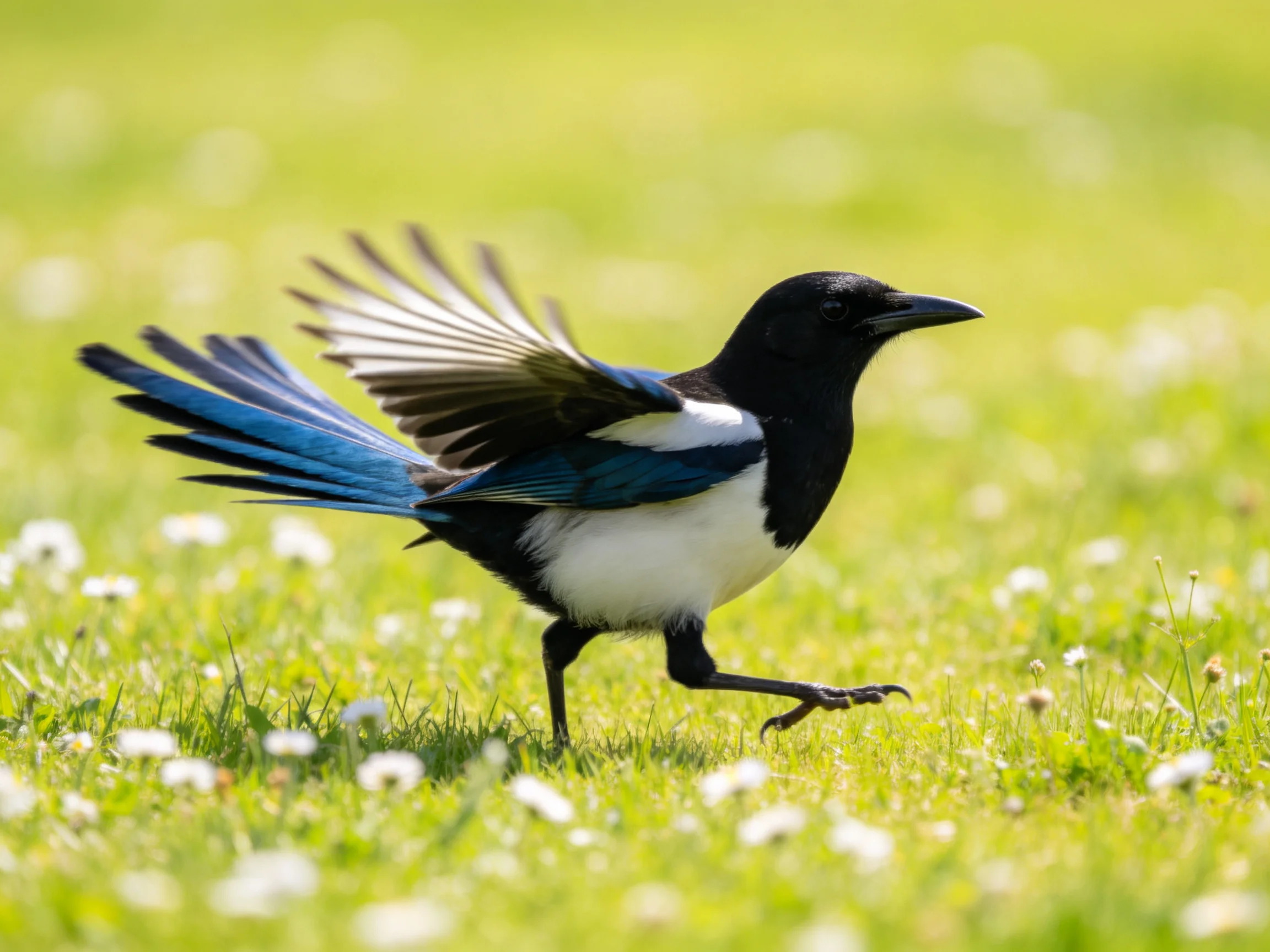 A magpie with black, white, and blue plumage running on a flowered meadow