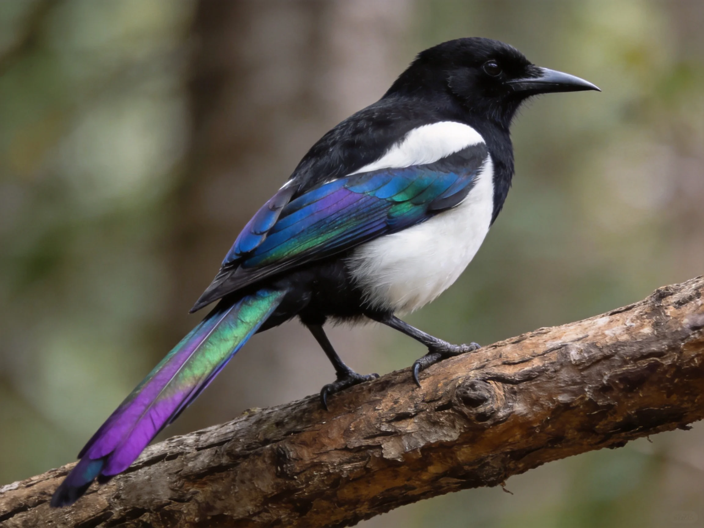 A magpie with iridescent blue-purple and green-blue plumage perched on a brown tree branch