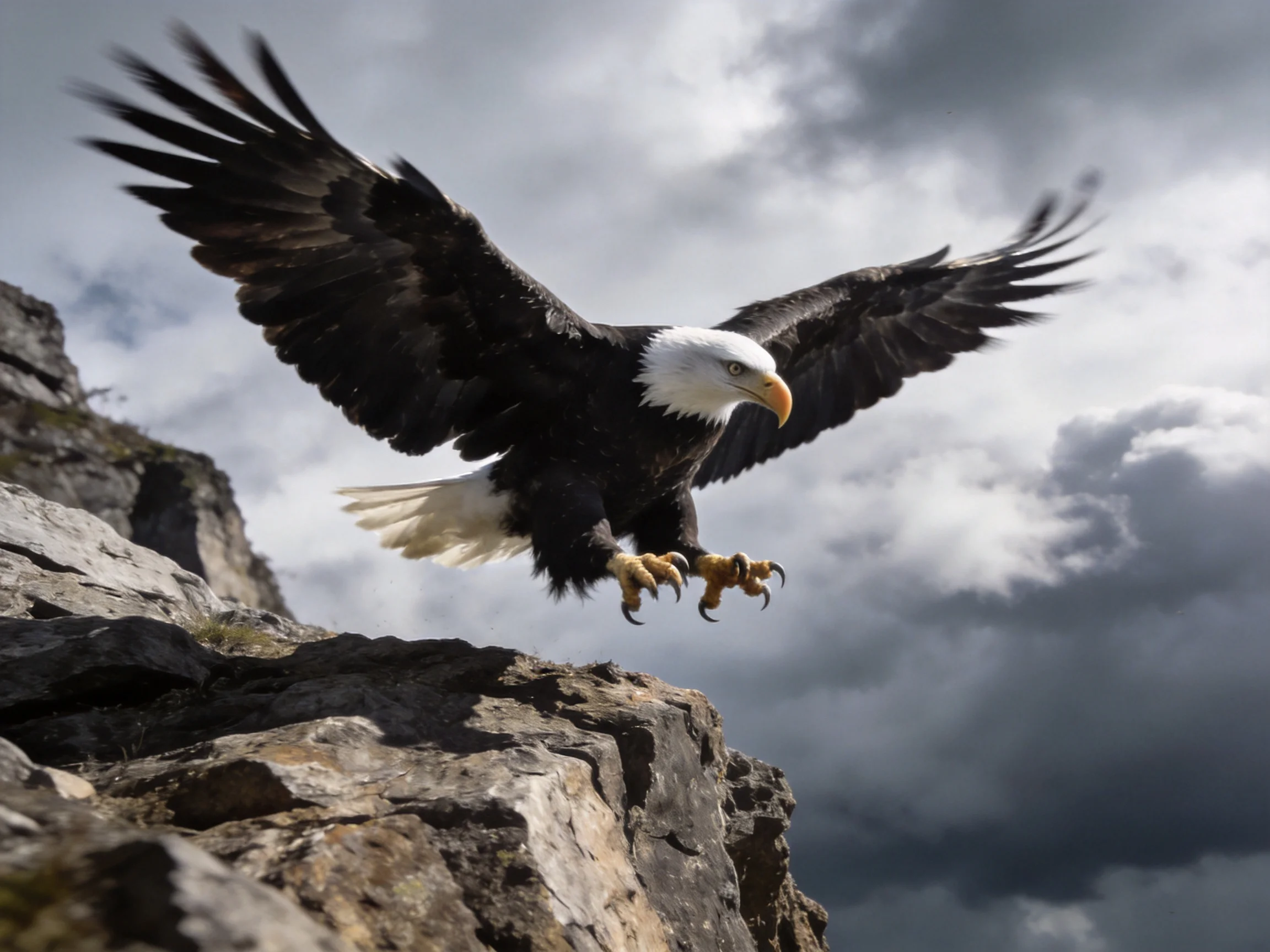 A majestic bald eagle landing on rocky cliffs under stormy skies