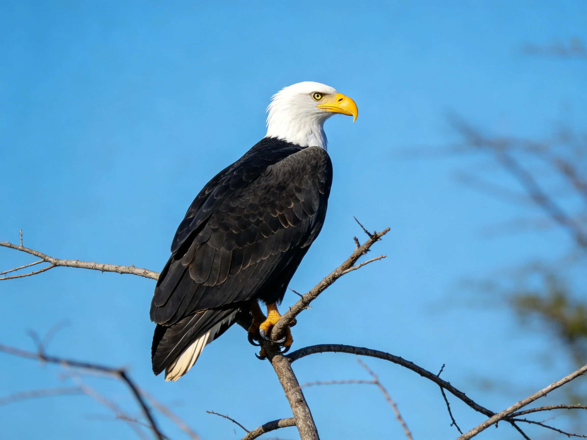 A majestic bald eagle perched on a bare tree branch against clear blue sky