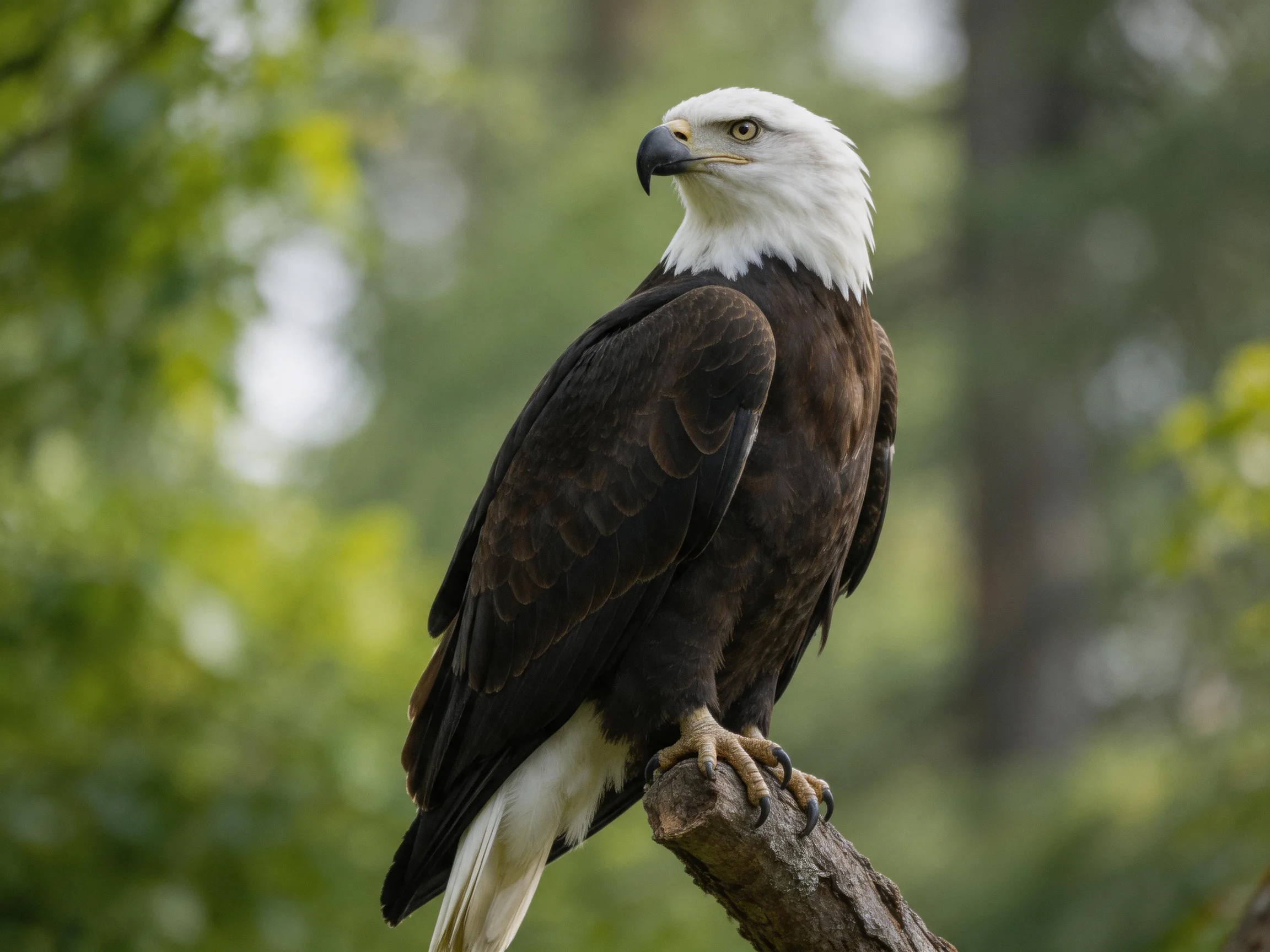 A majestic bald eagle perched on a gnarled tree branch