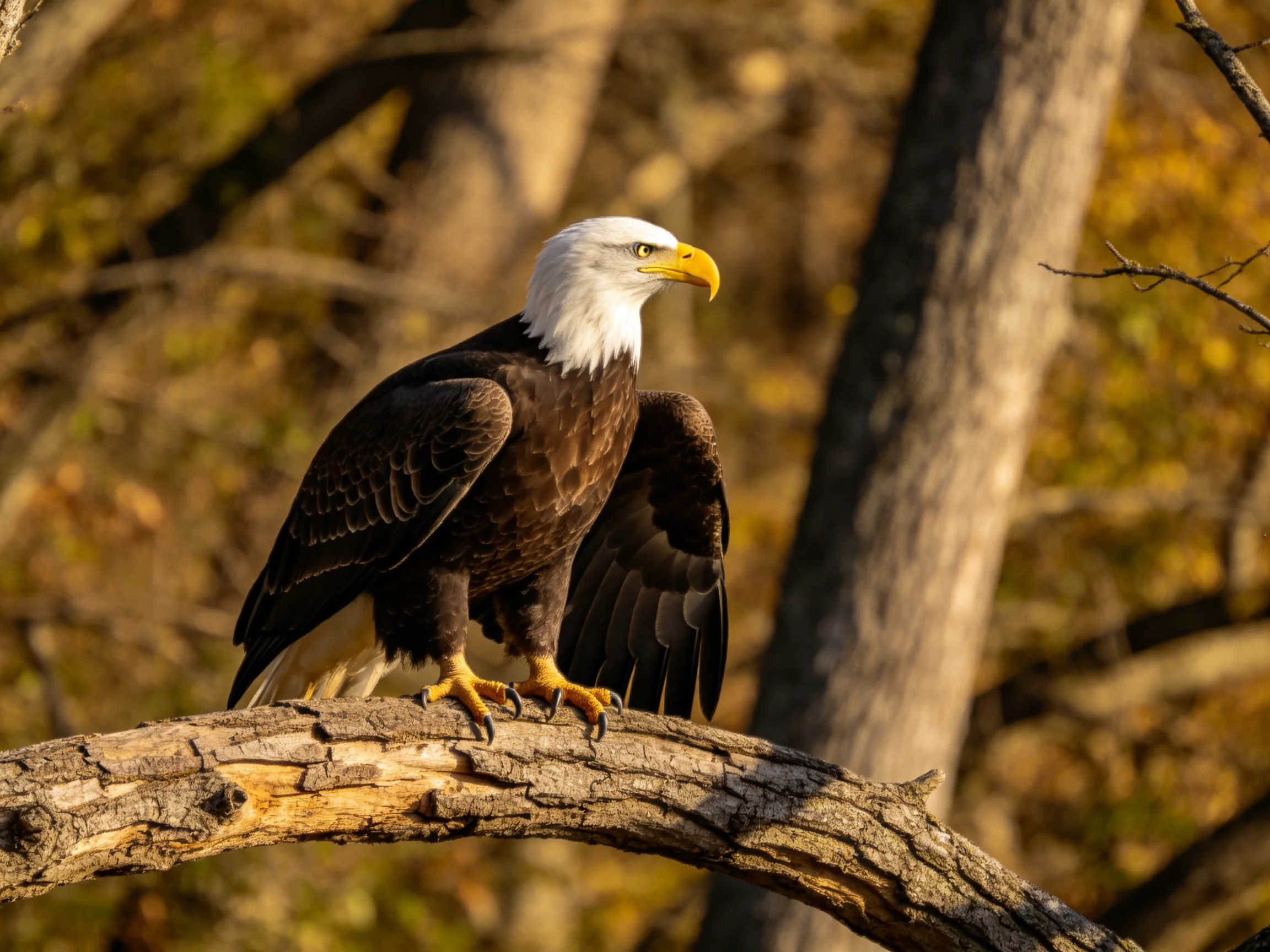 A bald eagle stands on a gnarled branch amid autumnal trees.