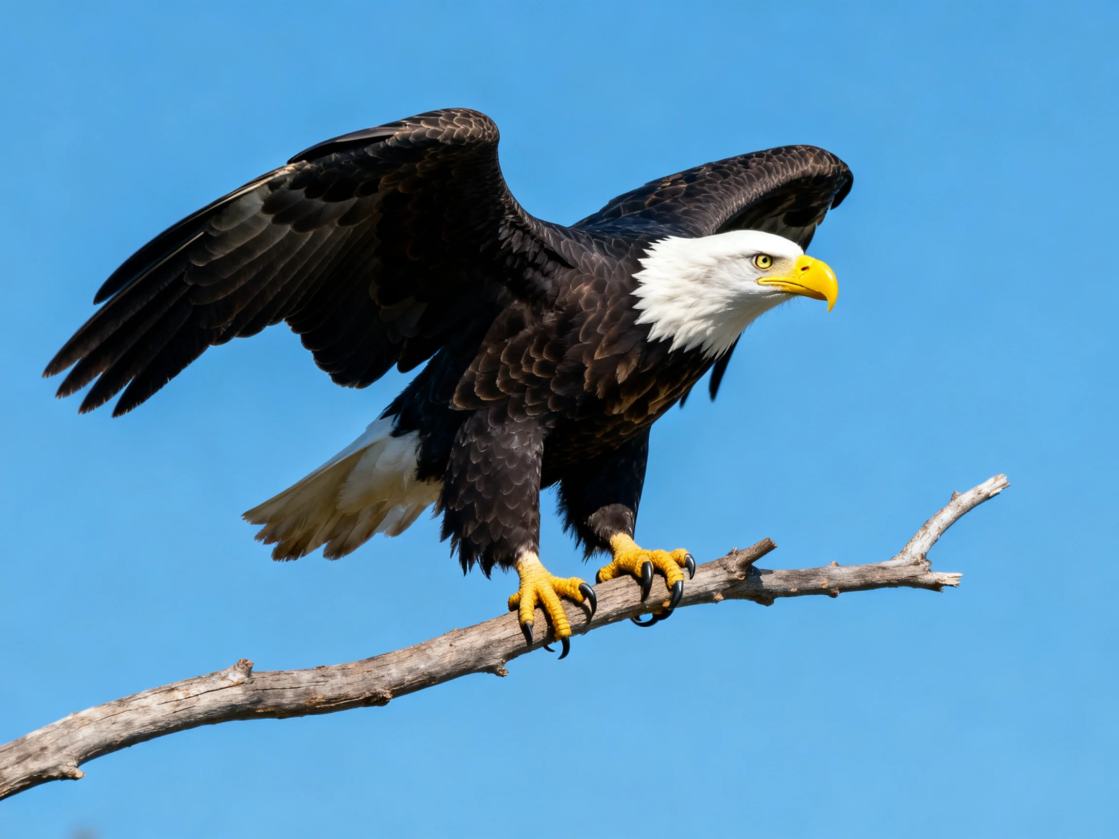 A majestic bald eagle perches on a gnarled tree branch