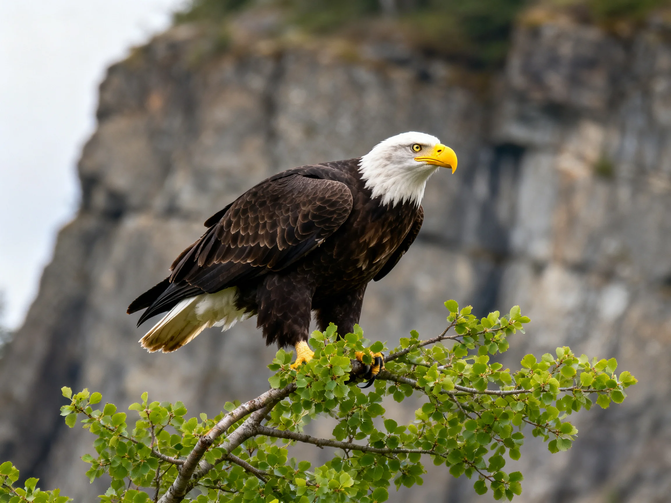 A majestic bald eagle perches on a leafy green branch beside a rocky cliff