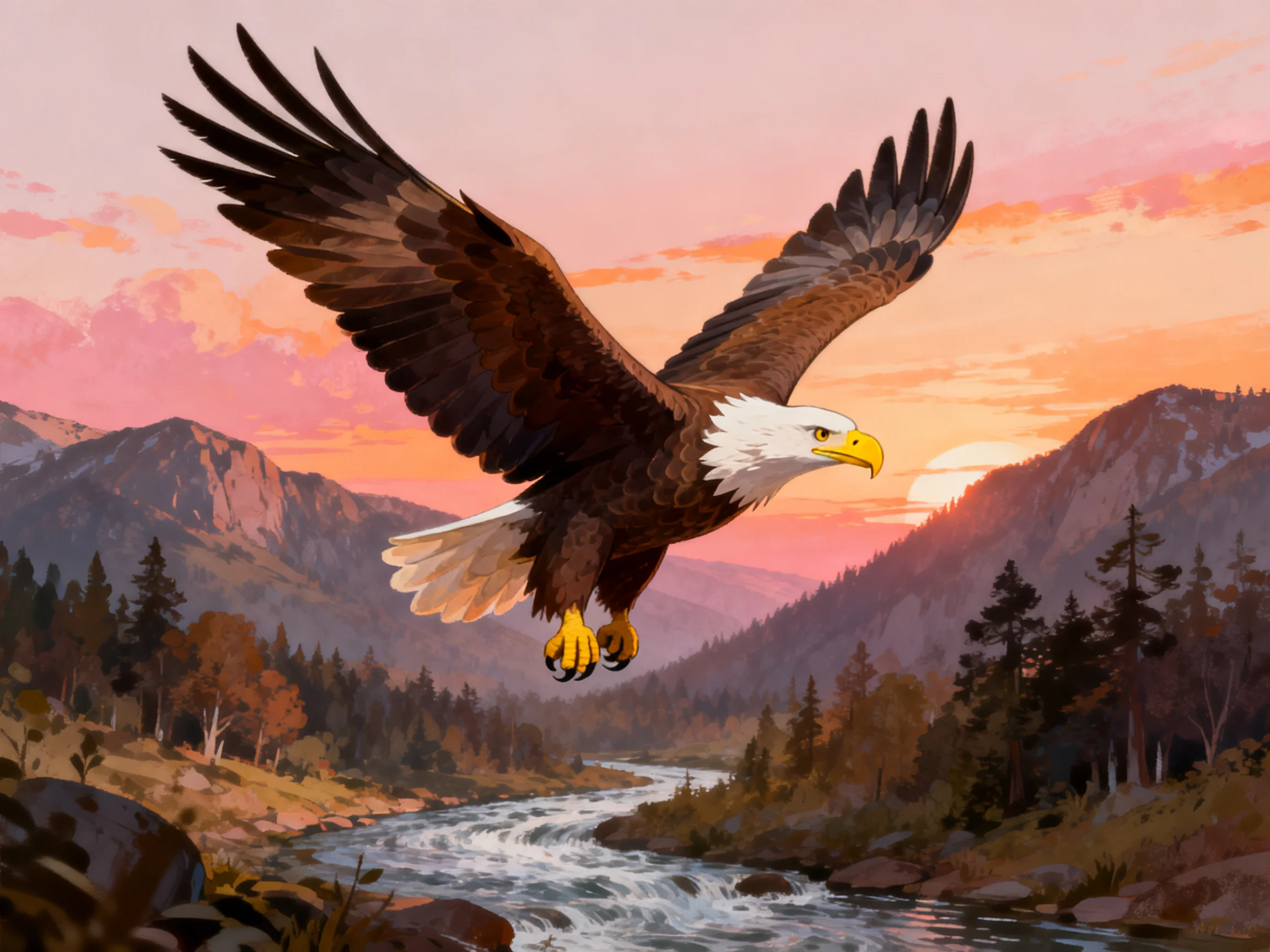 A majestic bald eagle soars over a mountainous river landscape at sunset