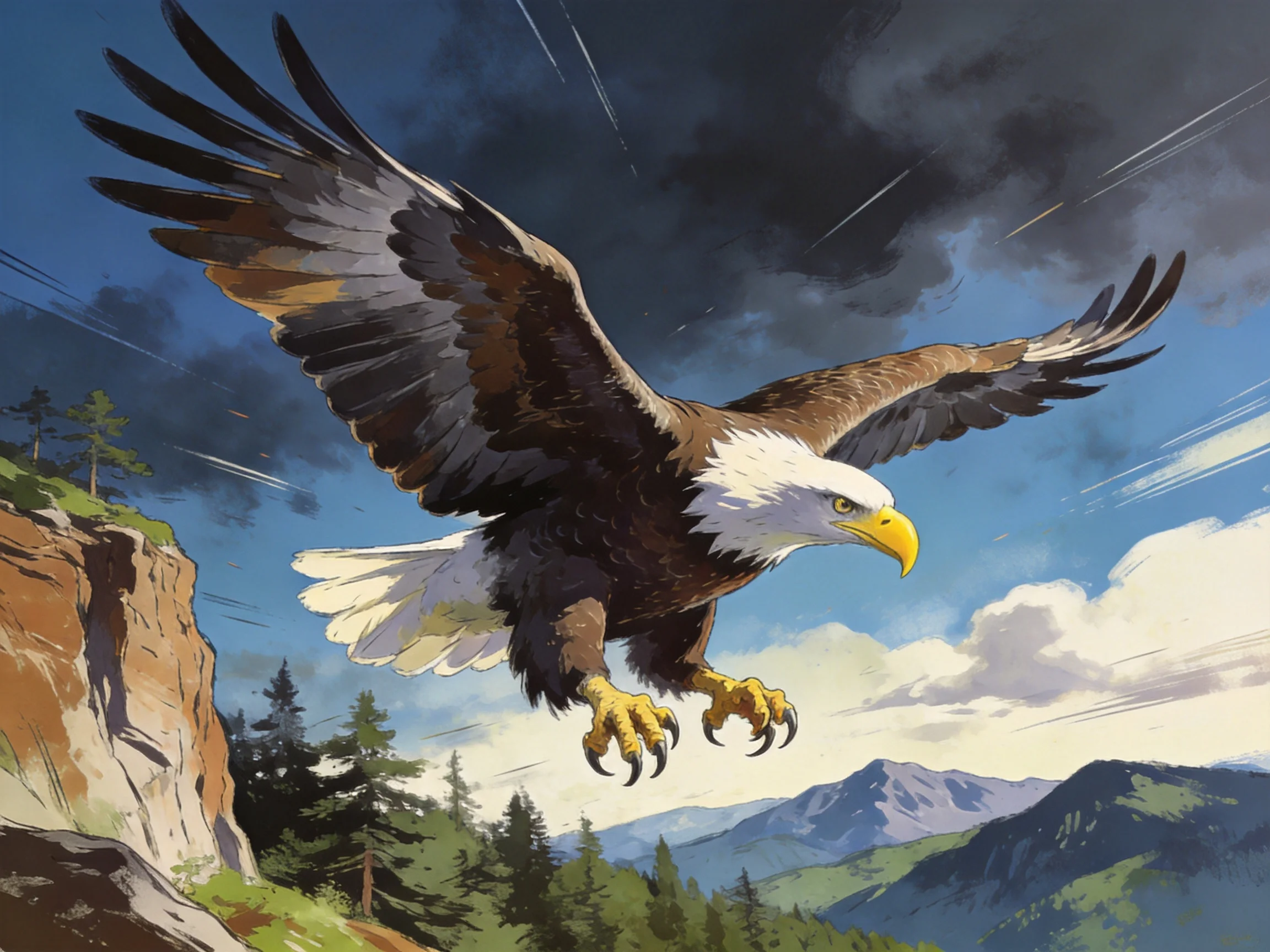 A majestic bald eagle soars over rugged mountainous landscape