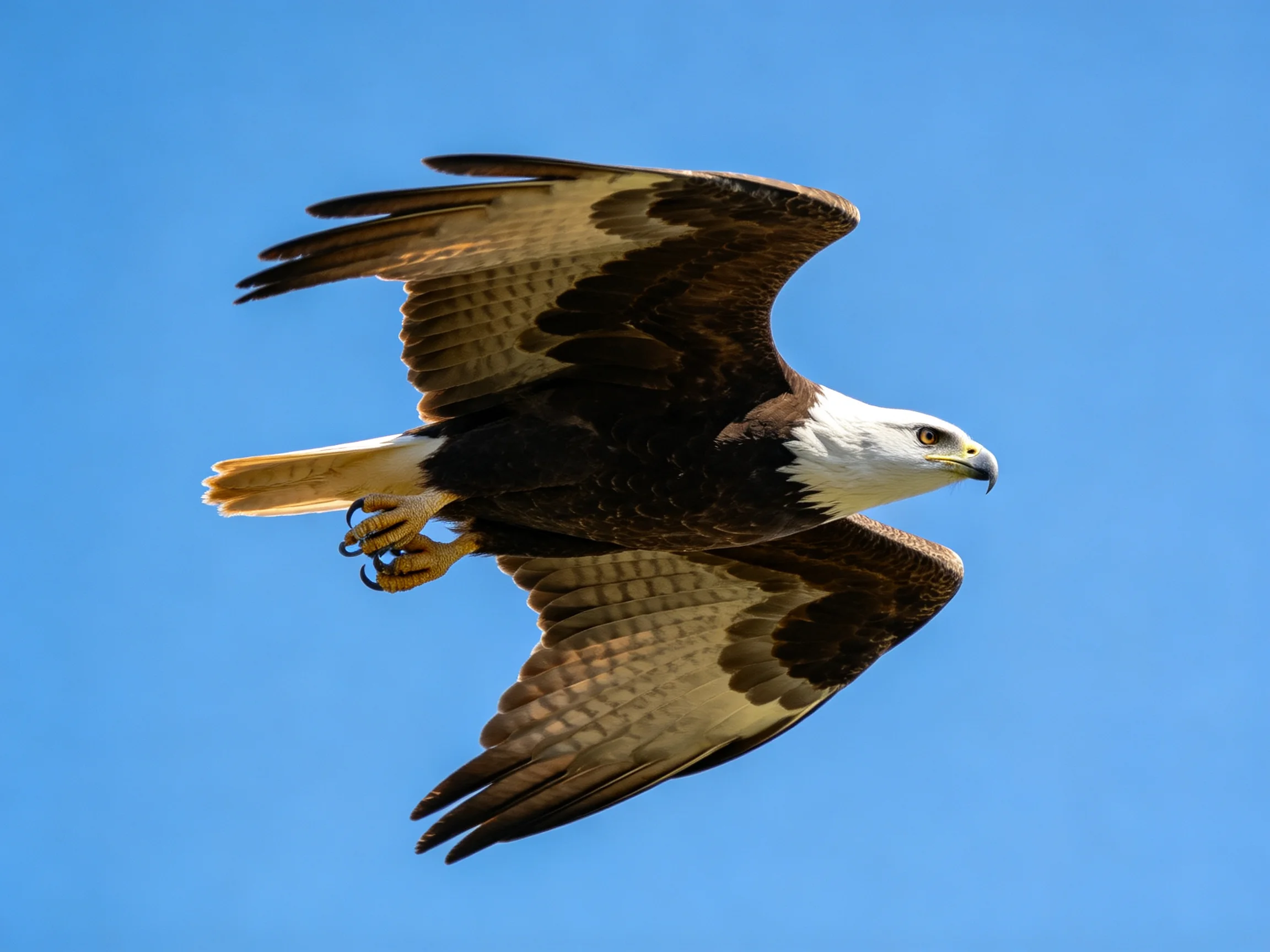 A majestic bald eagle soars through clear blue sky