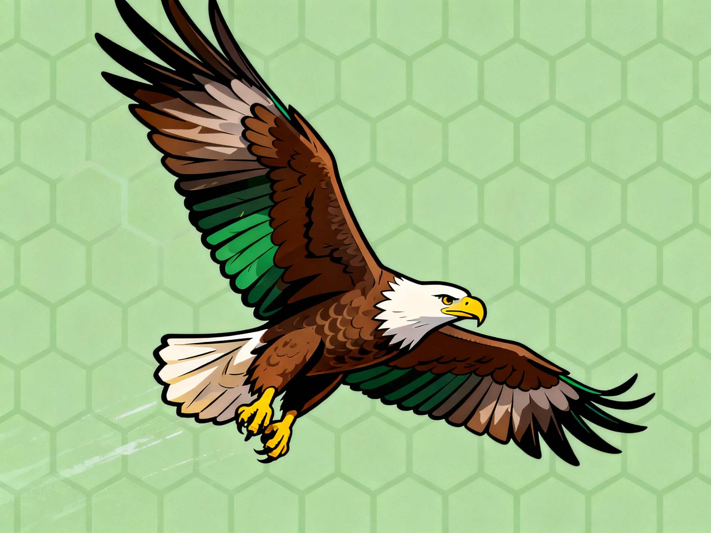 A majestic bald eagle soars with brown green and white plumage