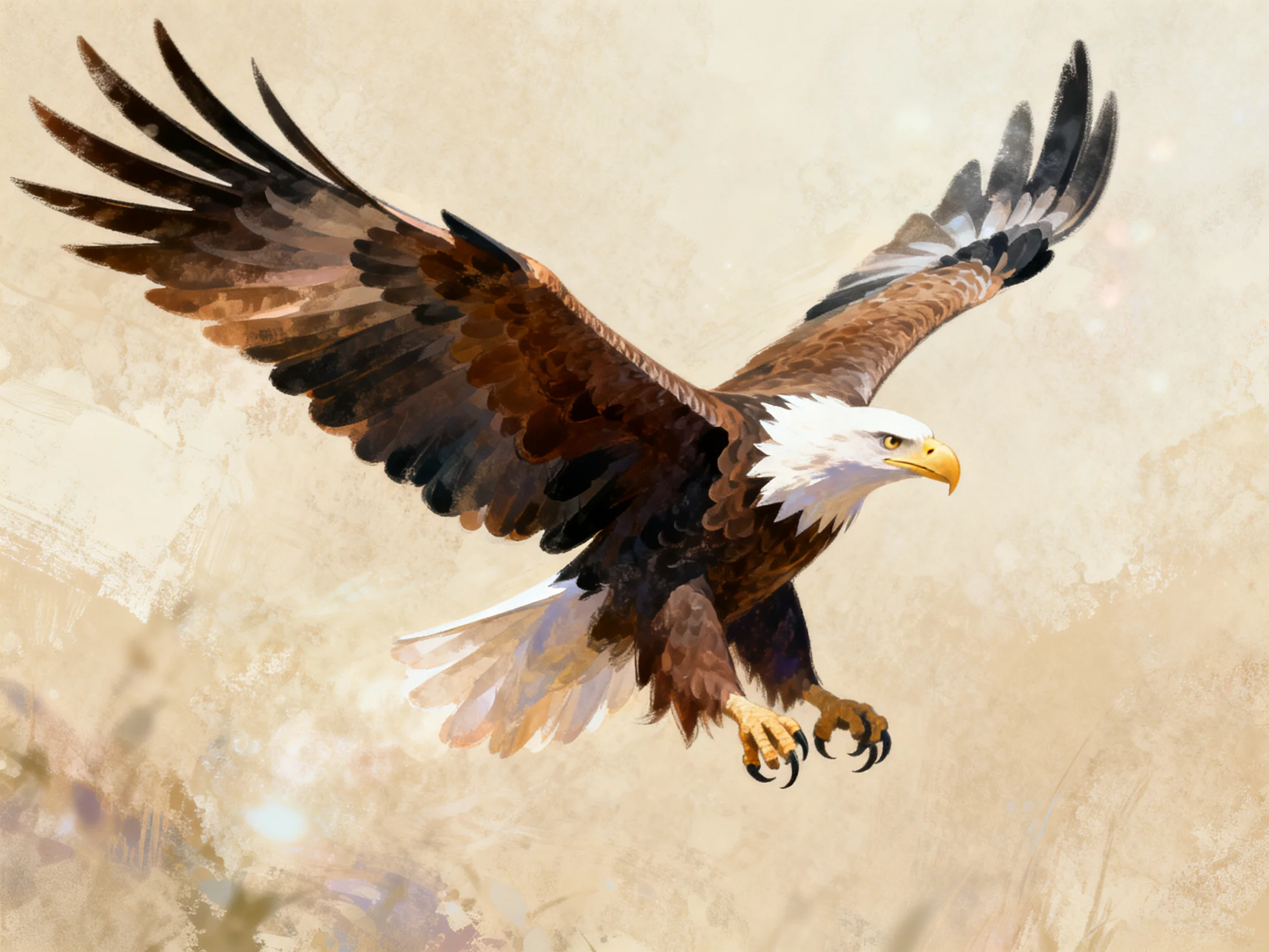 A majestic bald eagle soars with outstretched brown wings