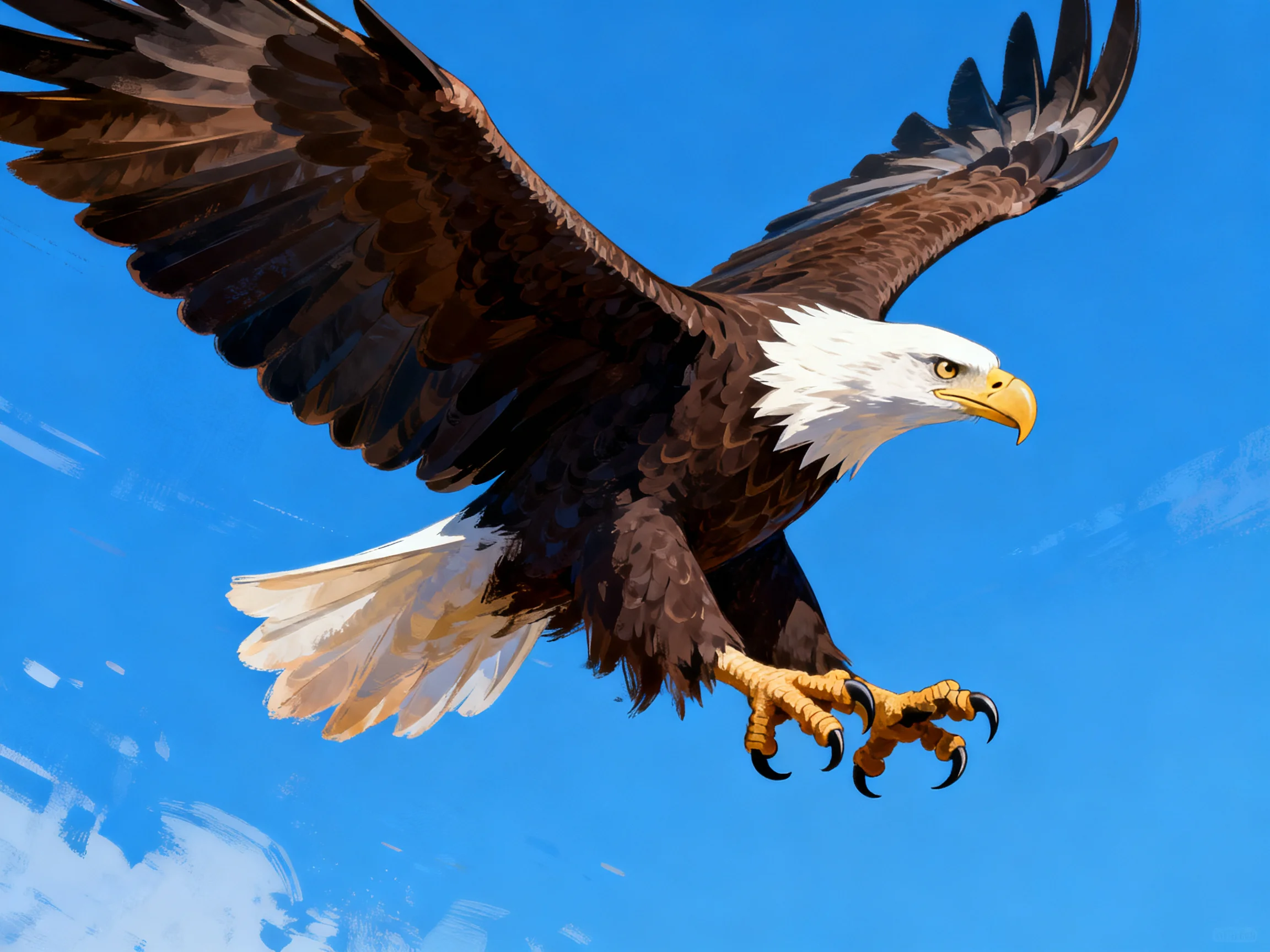 A majestic bald eagle soars with outstretched wings against a clear blue sky