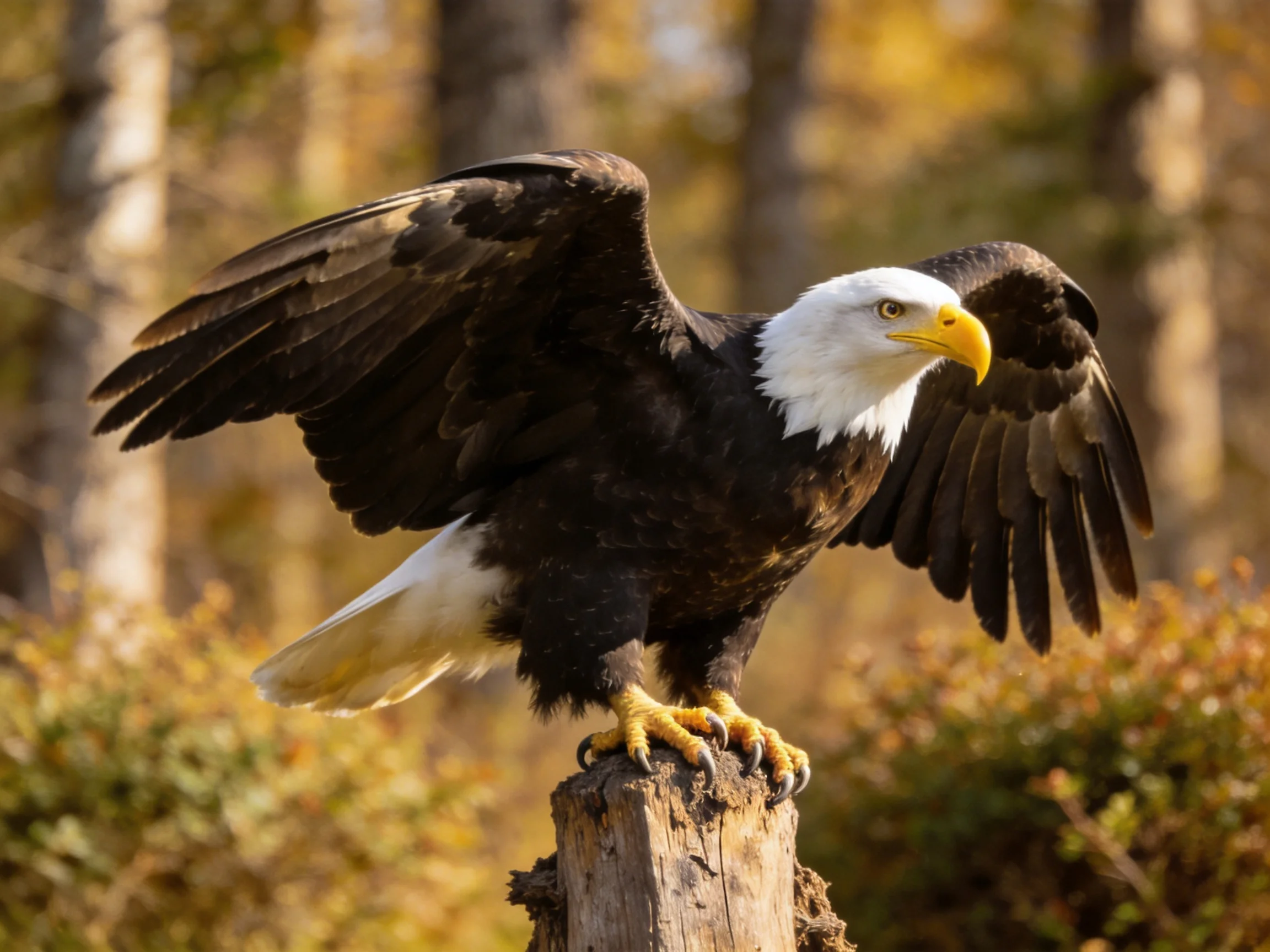 A majestic bald eagle spreading wings on a wooden post