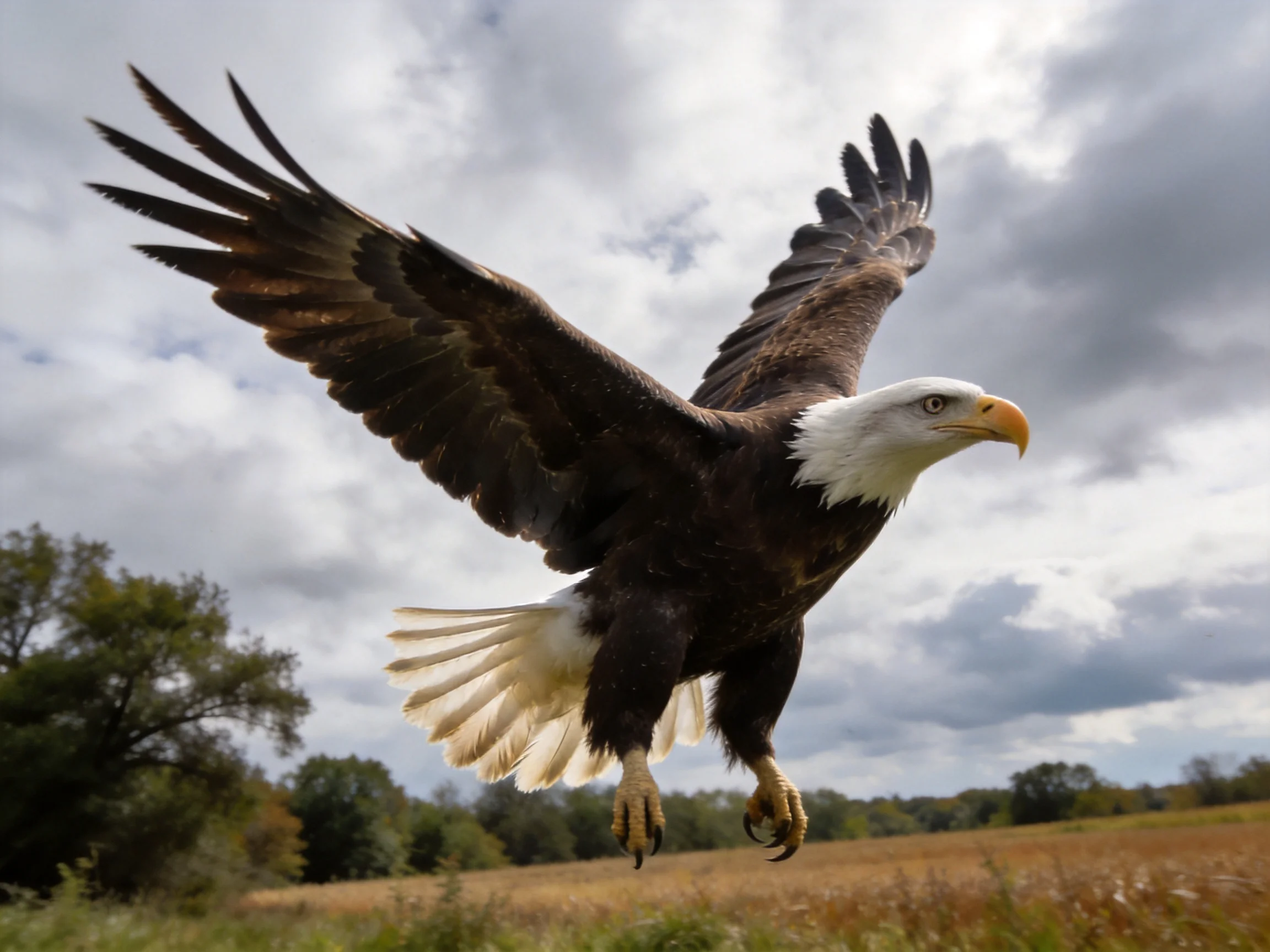 A majestic bald eagle spreads wings mid-air over a grassy landscape