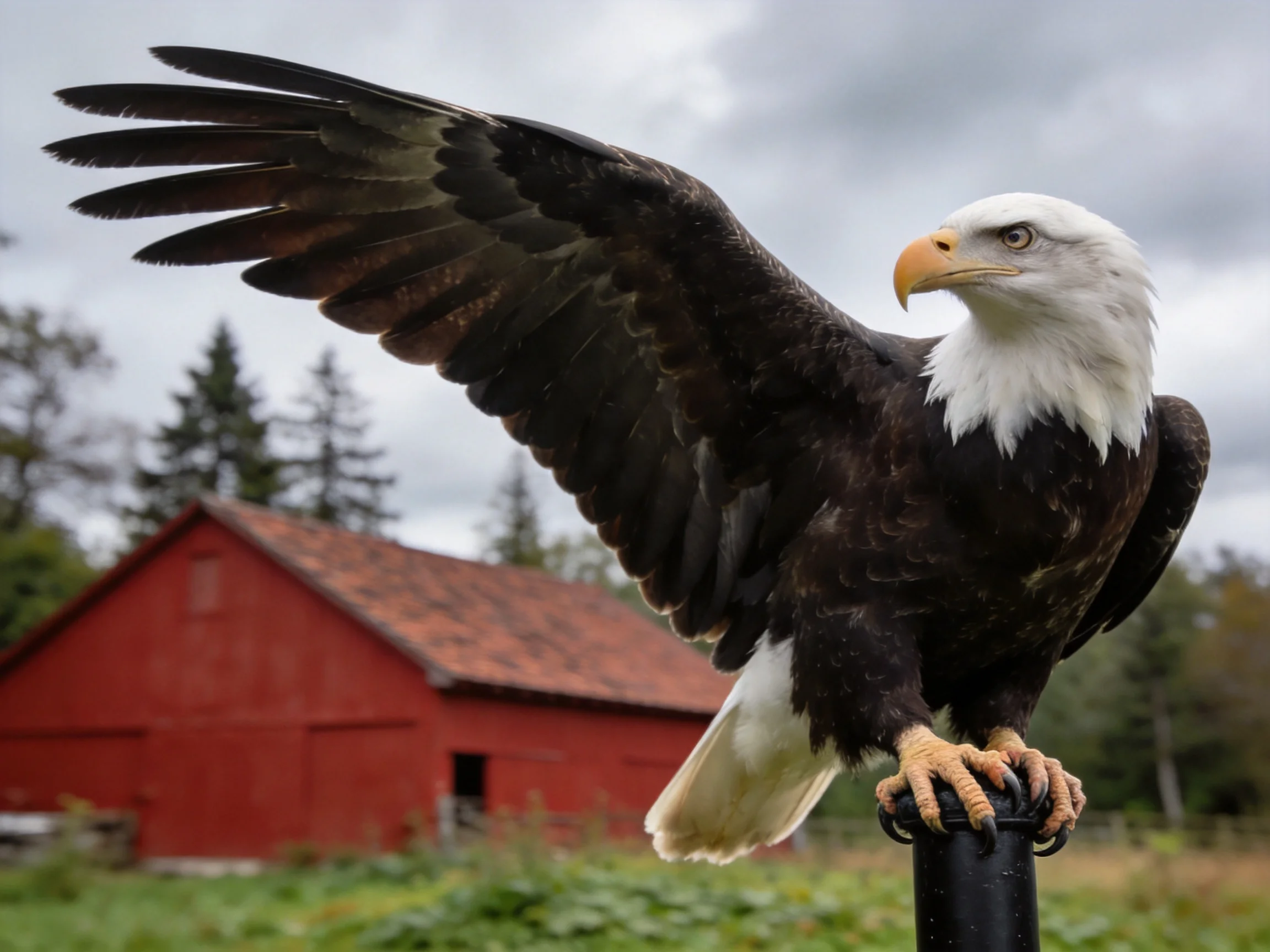 A majestic bald eagle spreads wings near a red barn