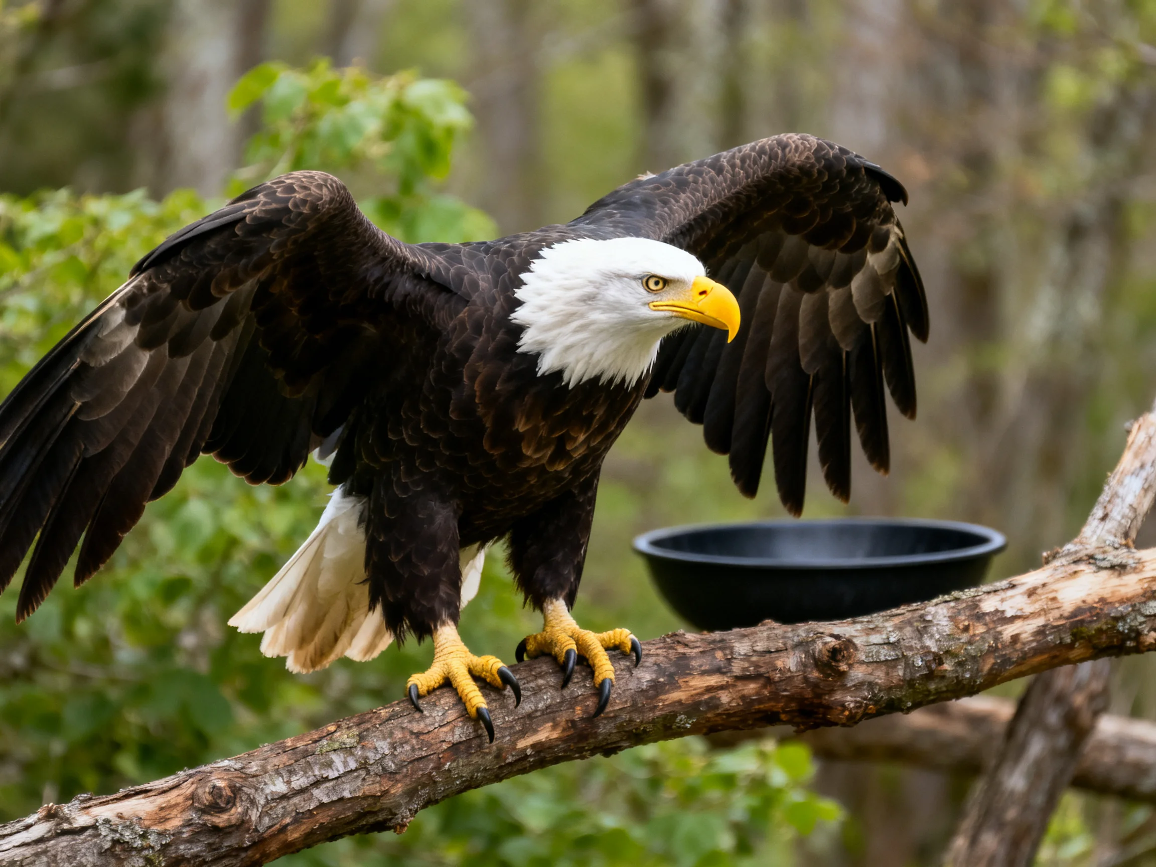A majestic bald eagle spreads wings on a weathered branch amidgreen foliage