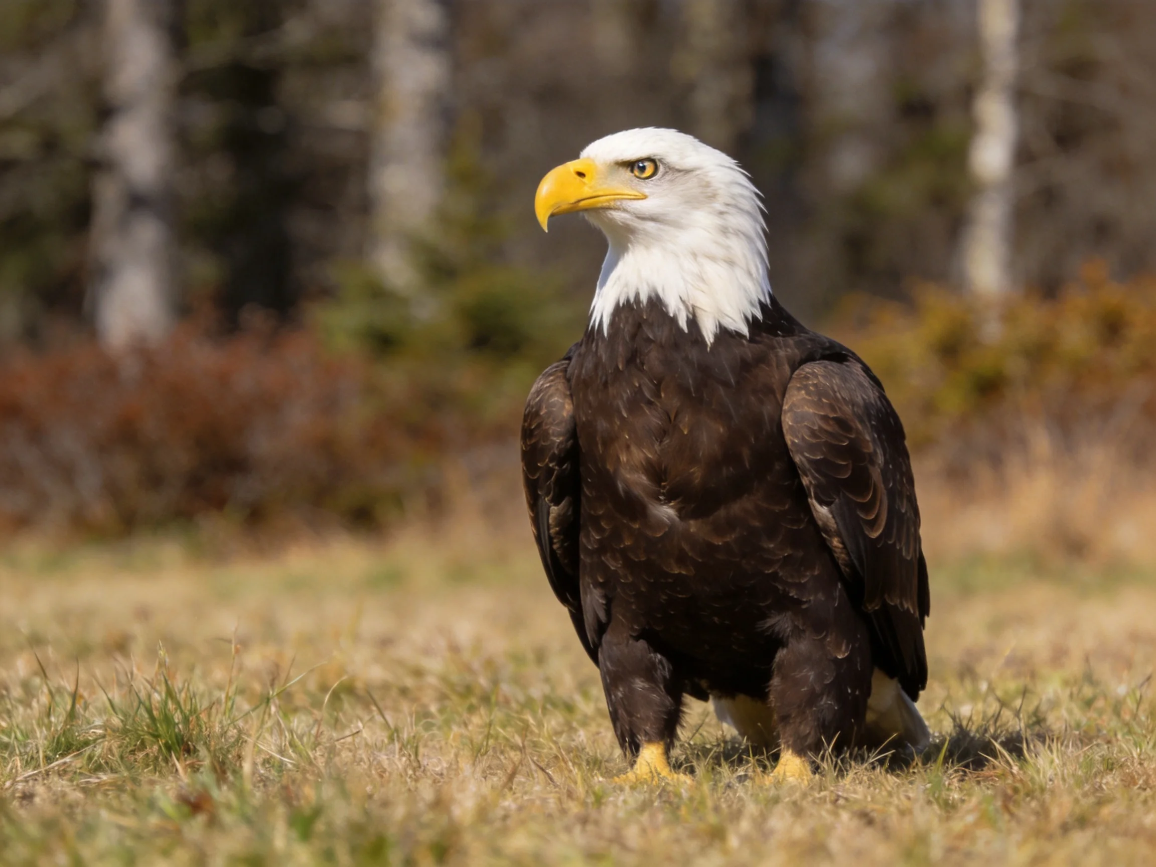 A majestic bald eagle stands on dry grass near forested terrain